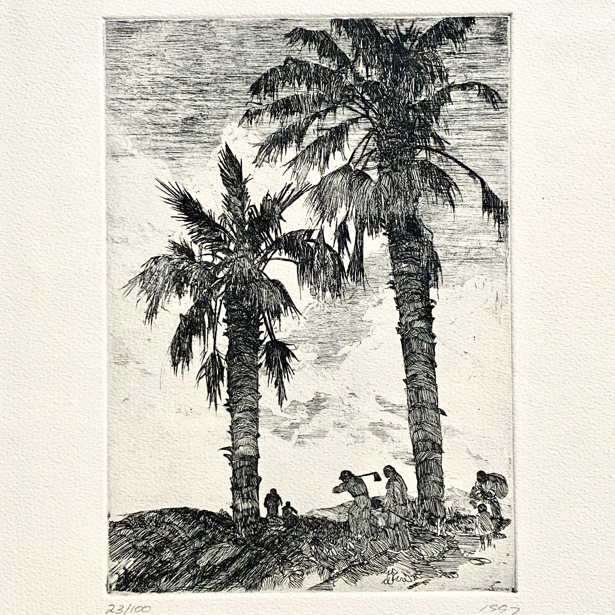 Etching of Workers in Bermuda Palm Fields - Numbered and Dated