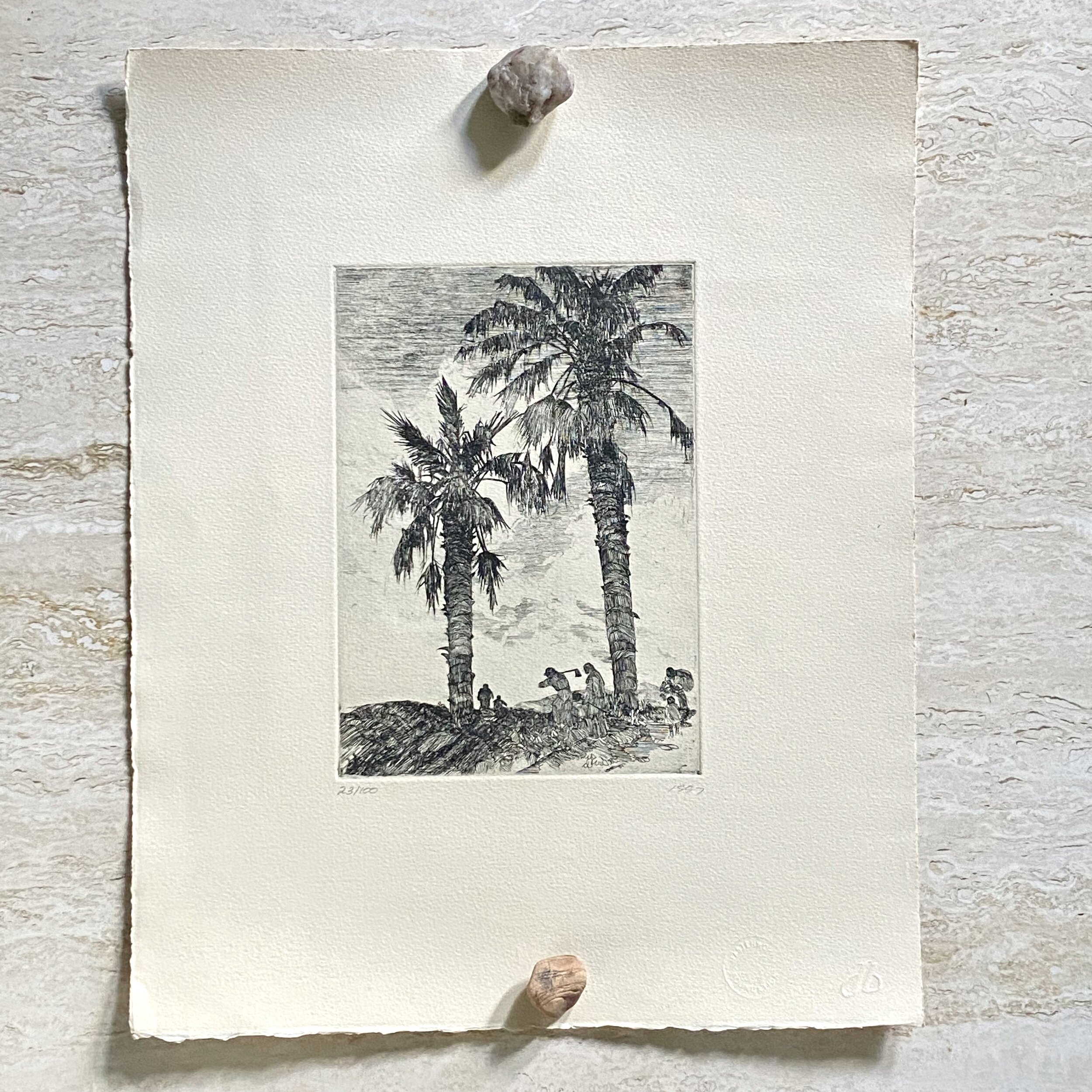 Etching of Workers in Bermuda Palm Fields - Numbered and Dated