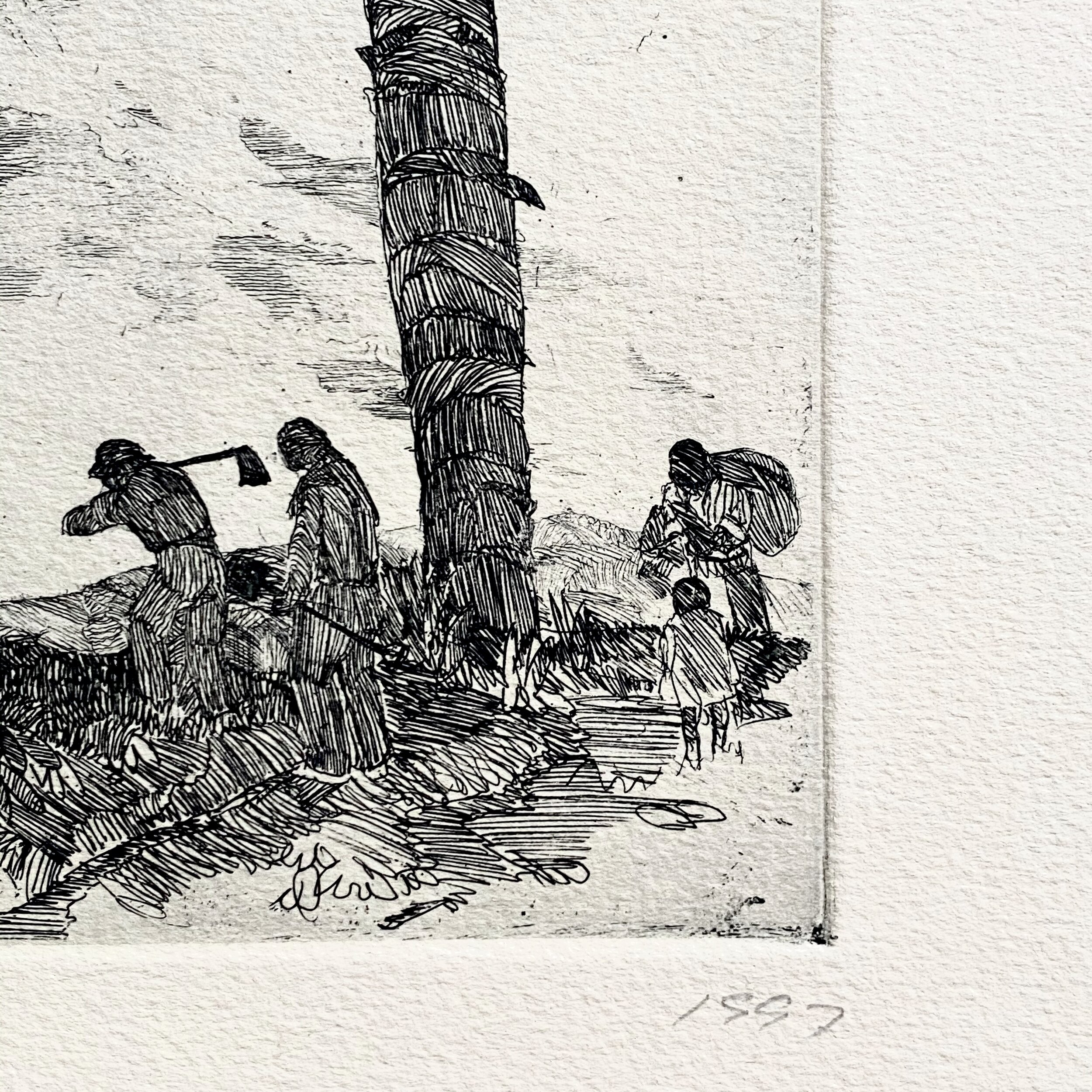 Etching of Workers in Bermuda Palm Fields - Numbered and Dated