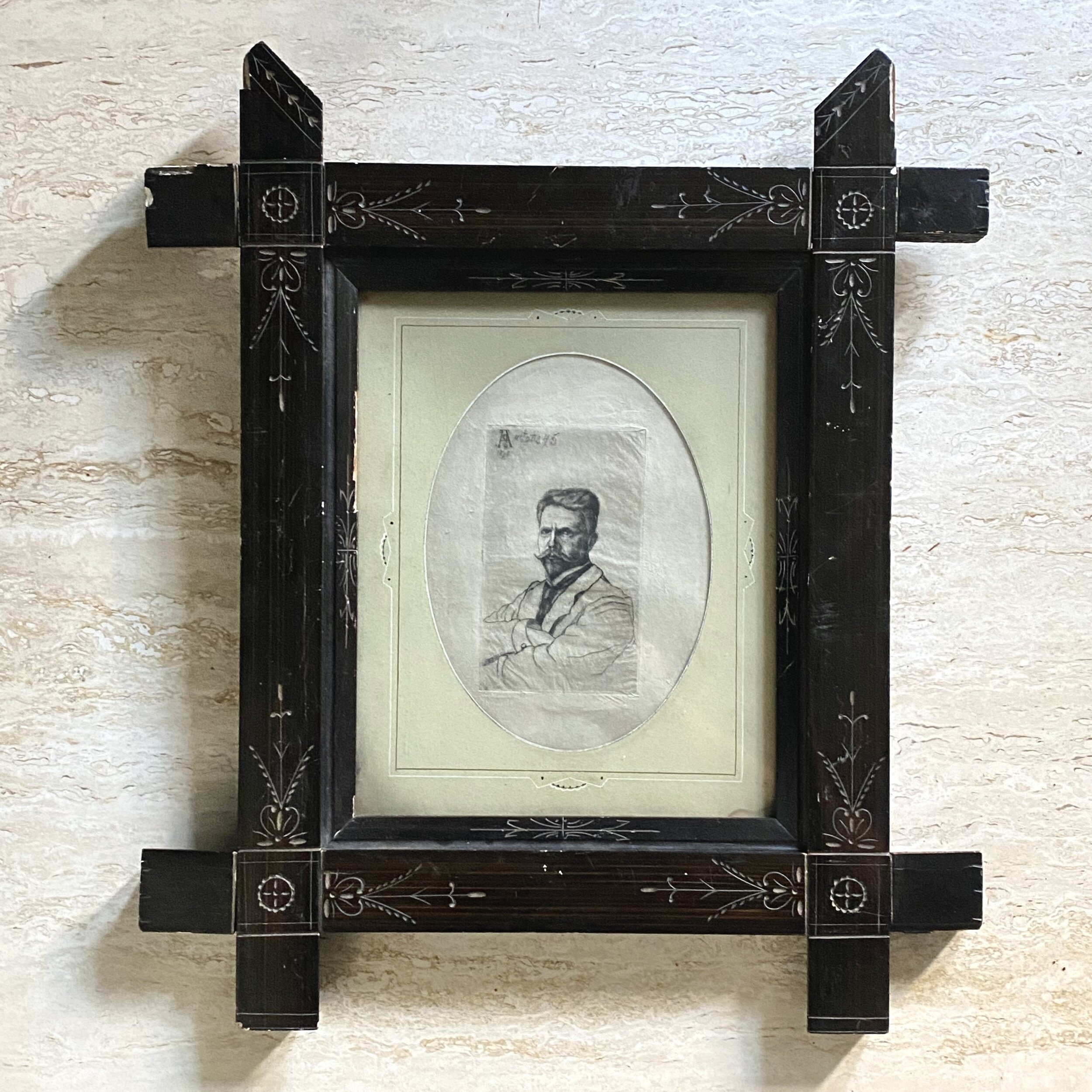 Portrait of Man - Etching on Washi Paper (1895) in Hand Carved Ebonized Antique Wood Frame