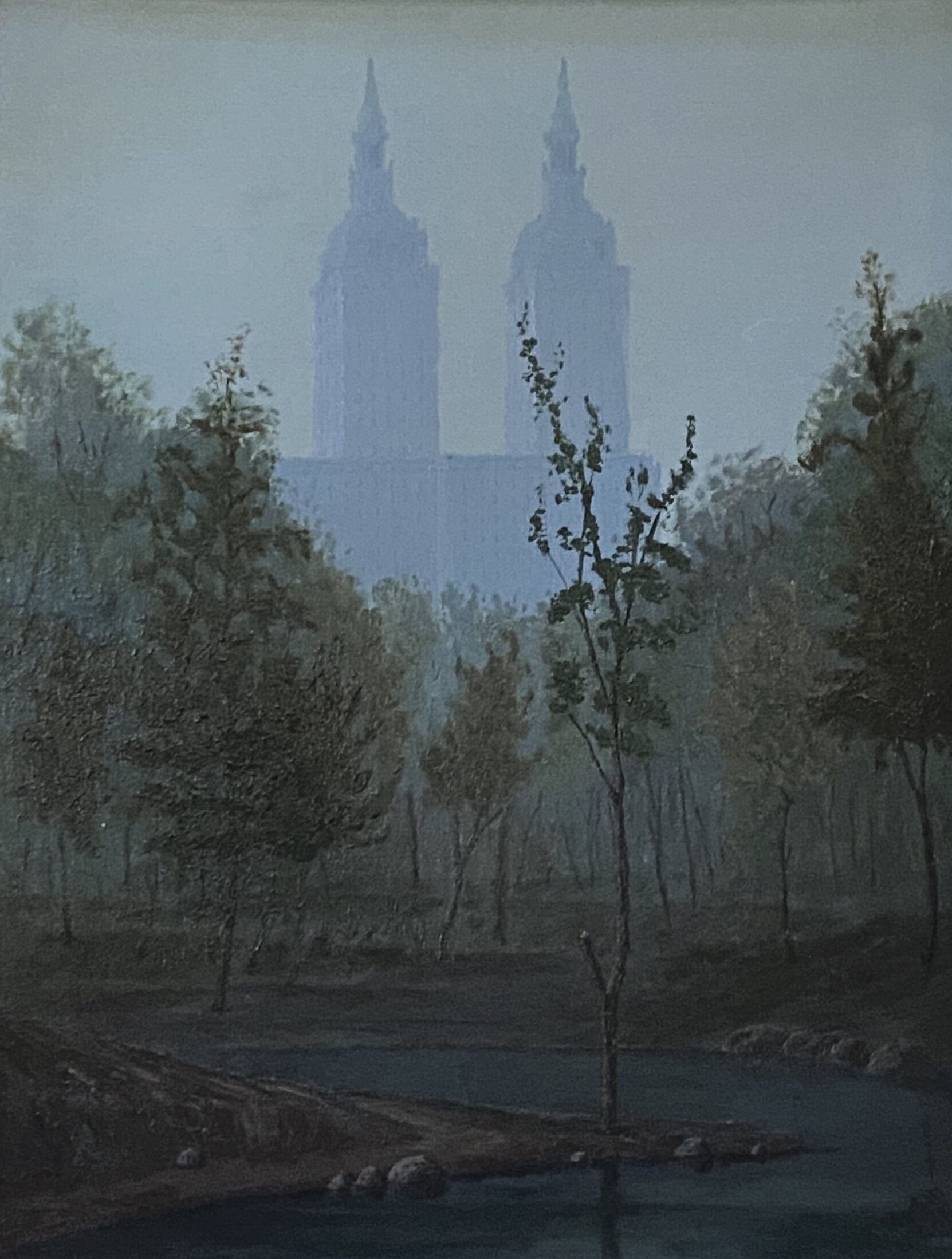 R. Martin - NYC Cityscape Oil Painting Vintage Mid Century Modern Decor 1965 foggy park painting
