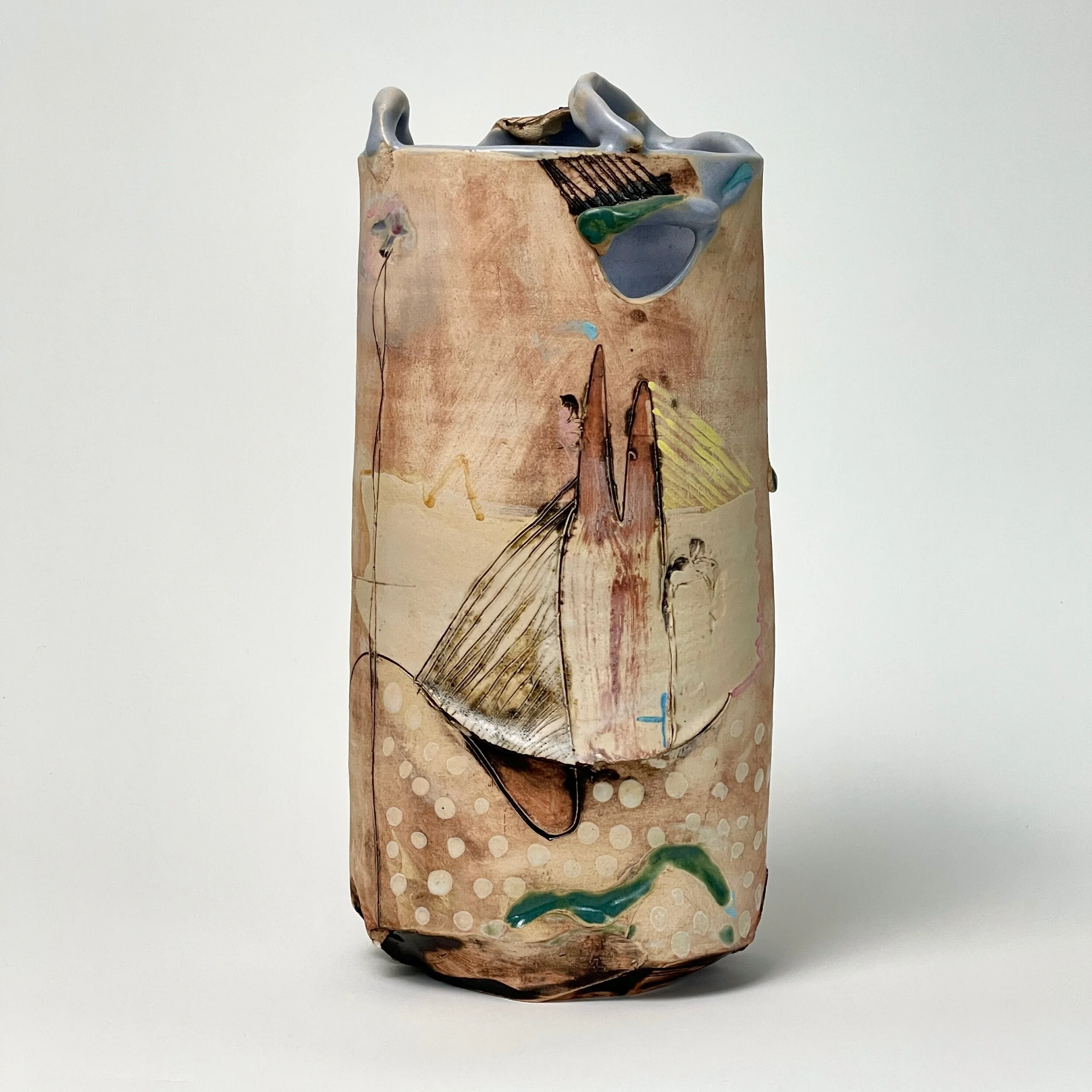 David Miller (British, 1942-2008) Postmodern Hand Painted Incised Ceramic Vase (ca. 1980)