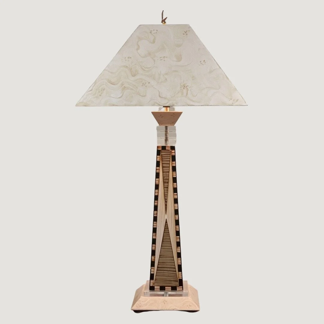 Czech Cubist/Secessionist Style Marquetry Lamp With Marbleized Resin Shade (ca. 1980)