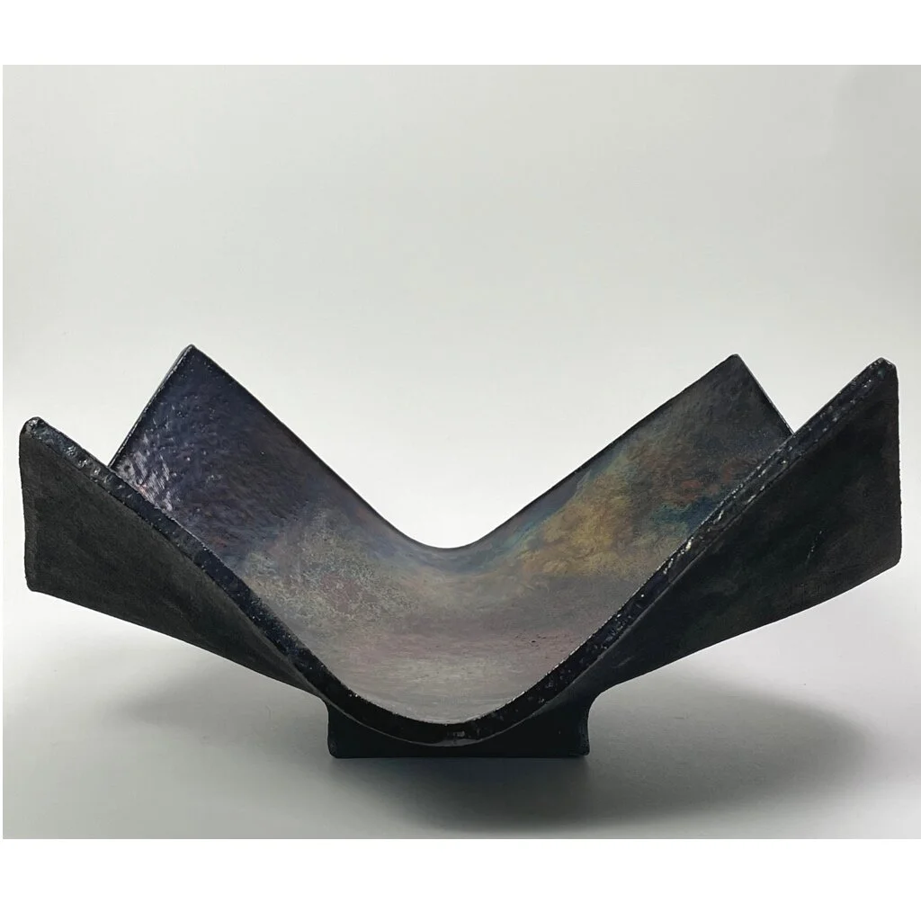Brutalist Copper Glazed Raku Black Stoneware Vessel by Geraldine Shapiro (Signed, ca. 1970)