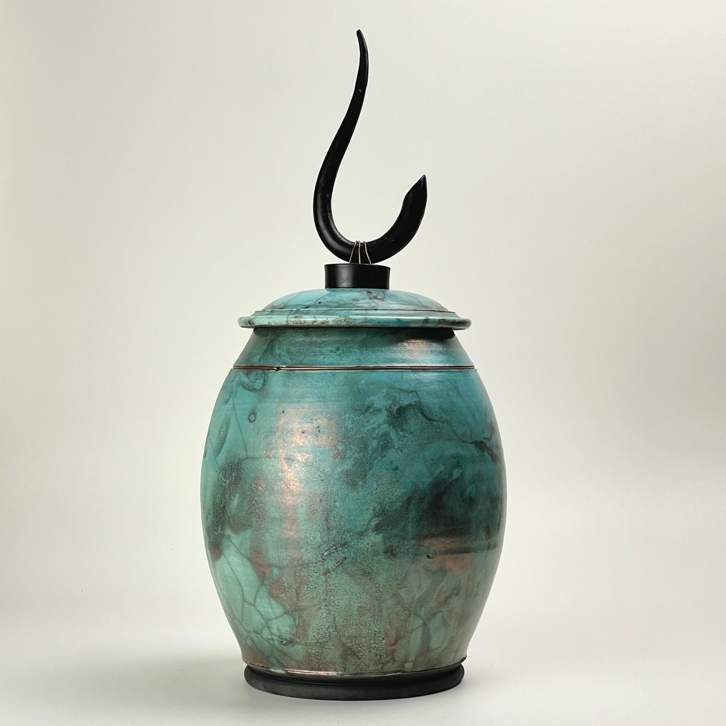 Ron Aubuchon (American, 1947-2014) Lidded Raku Fired Turquoise Glazed Crackle Vessel (Ca. 1990, Signed)