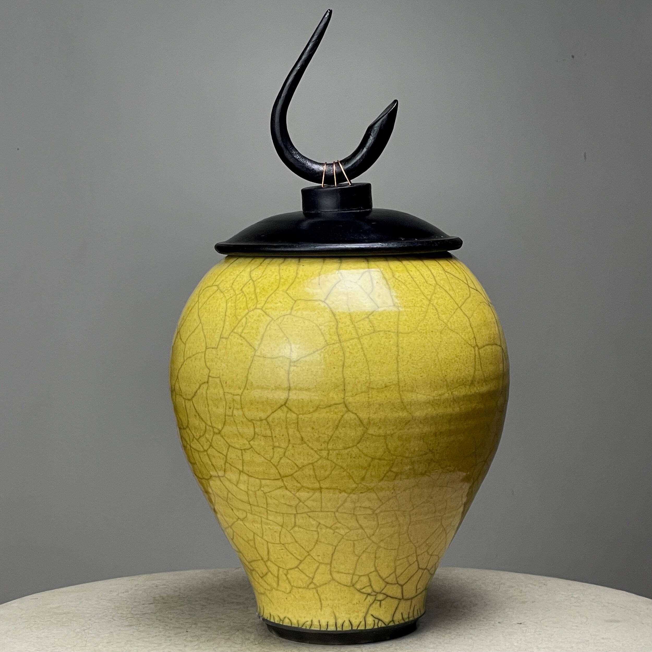 Ron Aubuchon (American, 1947-2014) Yellow Lidded Raku Fired Crackle Vessel (ca. 1980, Signed)