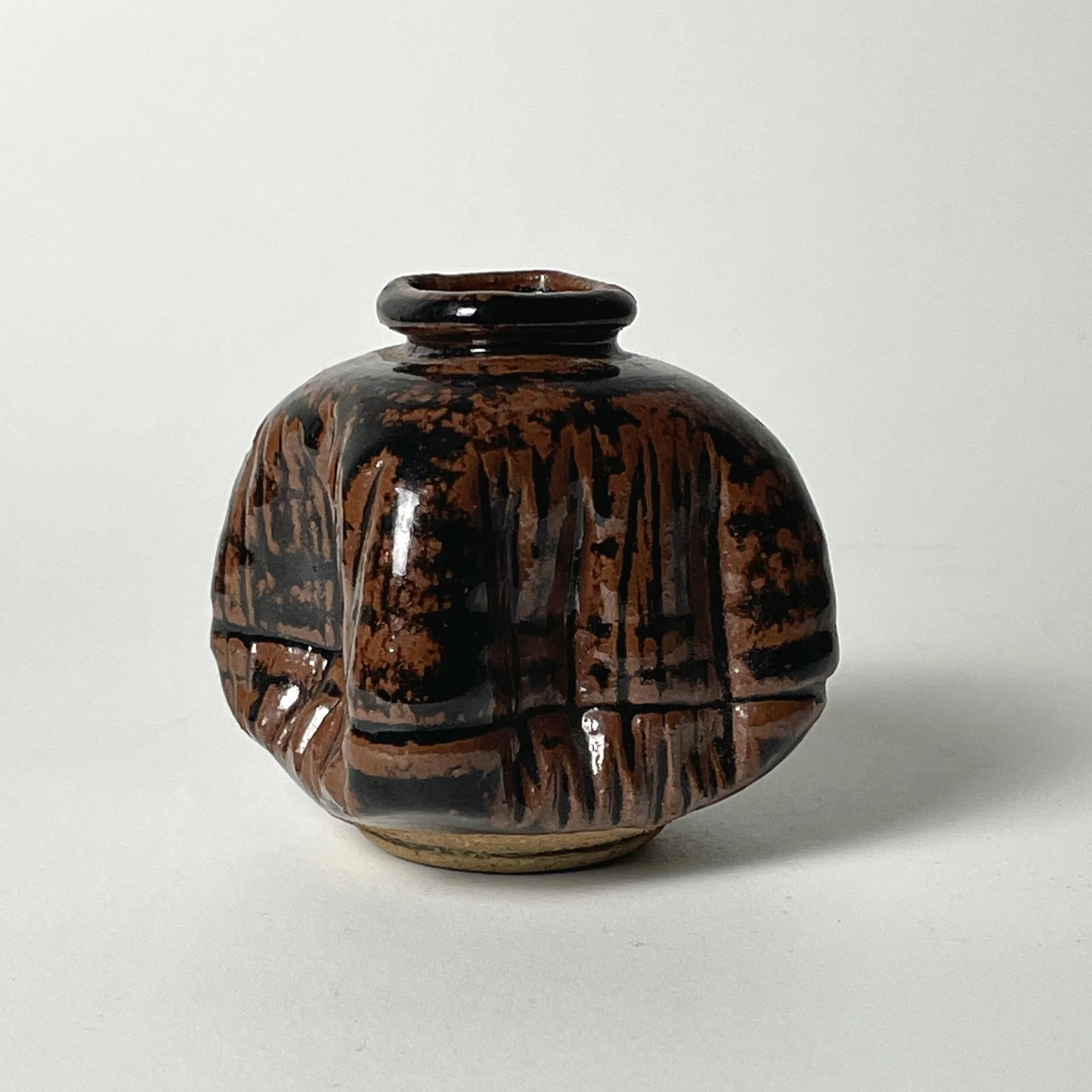 Mid Century Japanese Sgraffito Pinched Stoneware Bud Vase