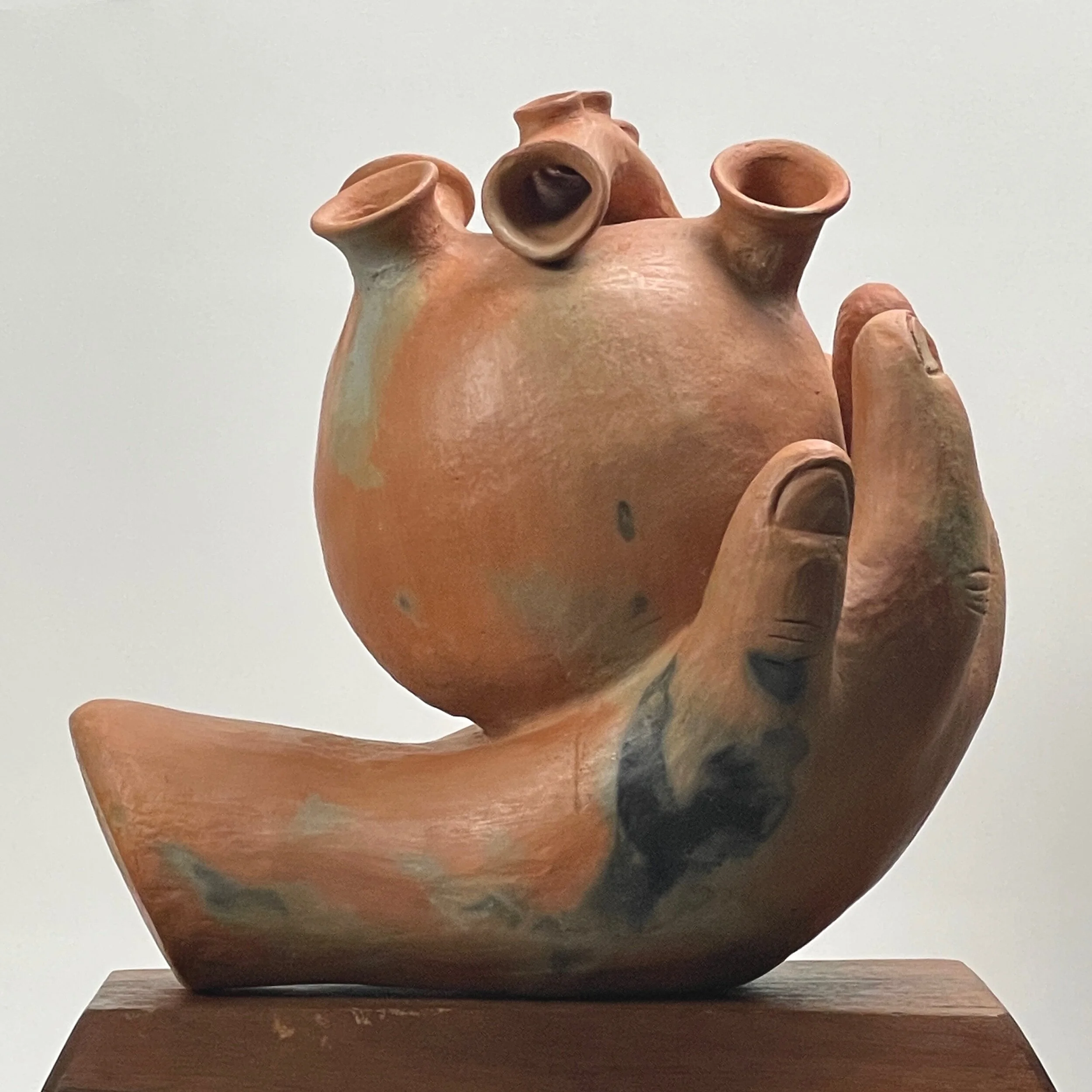 Vintage Mexican Folk Art Wood Fired Terracotta “Heart in Hand” Vessel