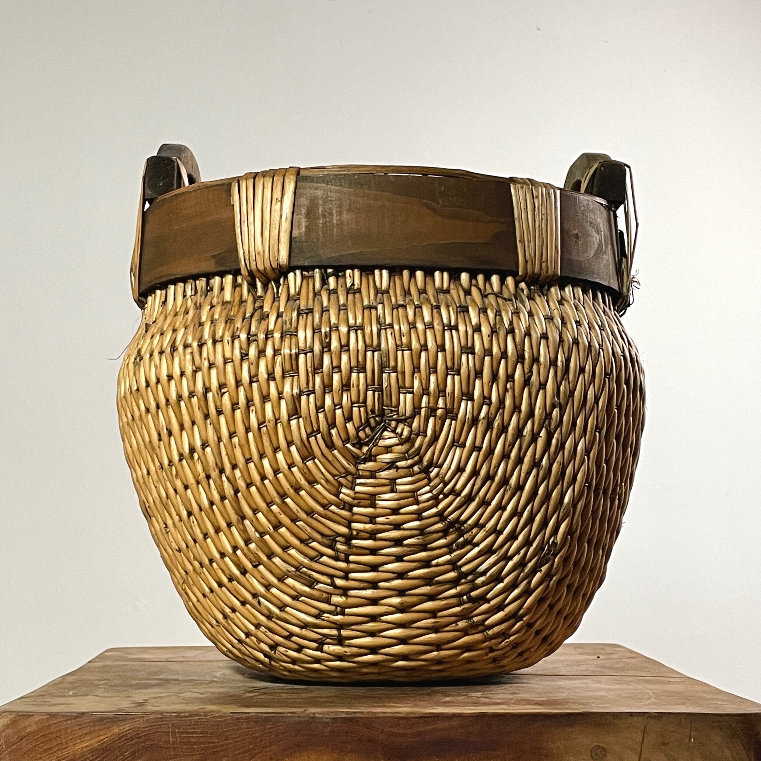 Vintage African Woven Reed Basket with Hand Carved Wood Handles