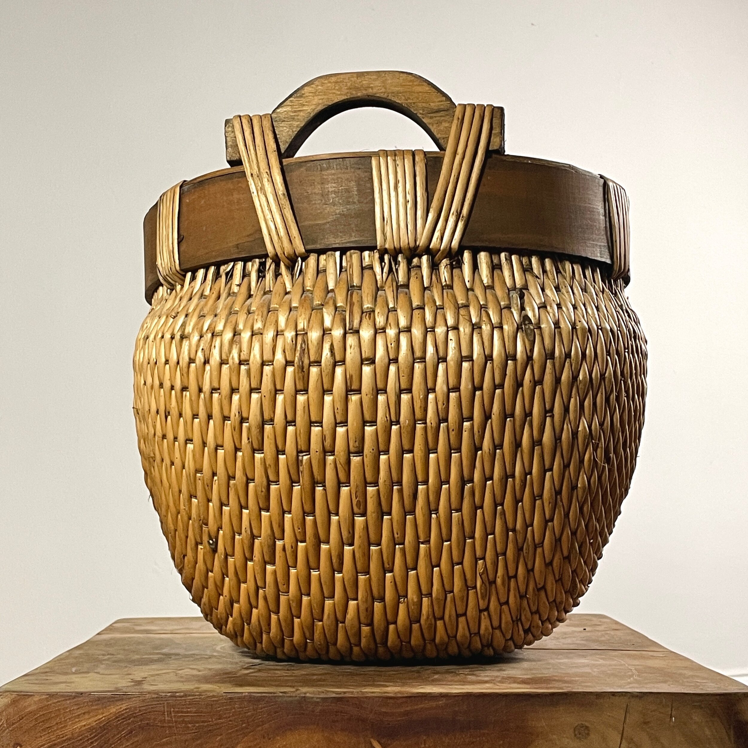 Vintage African Woven Reed Basket with Hand Carved Wood Handles