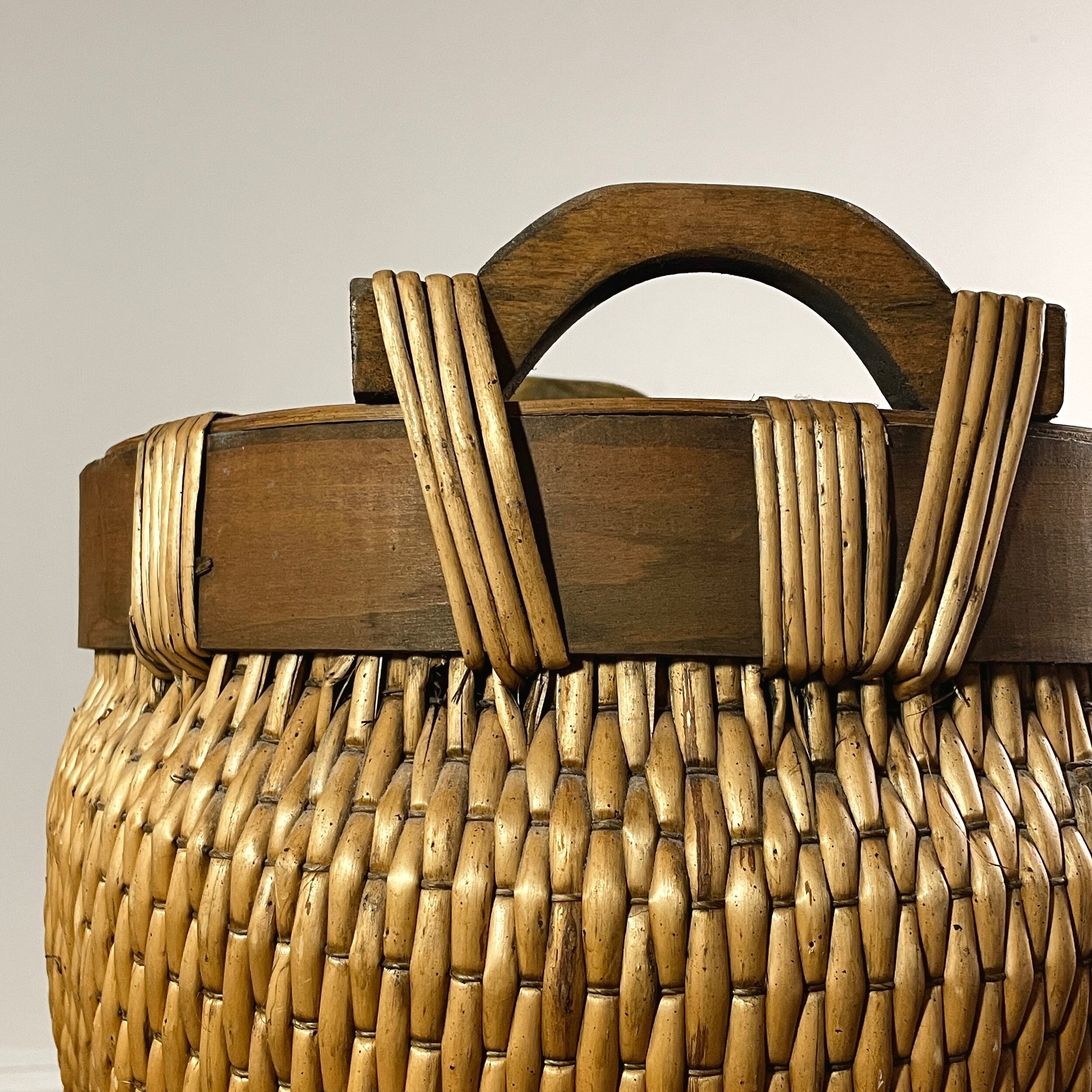 Vintage African Woven Reed Basket with Hand Carved Wood Handles