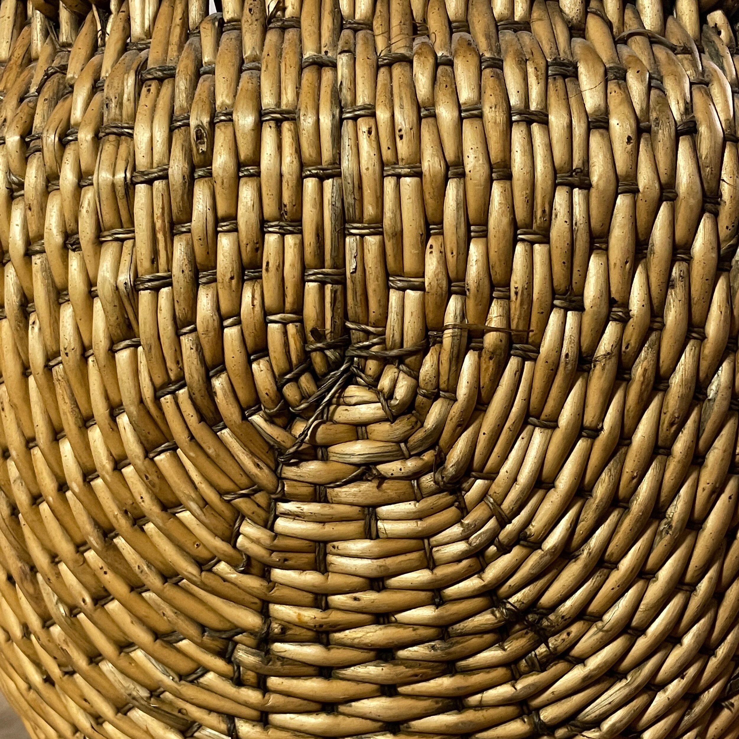 Vintage African Woven Reed Basket with Hand Carved Wood Handles