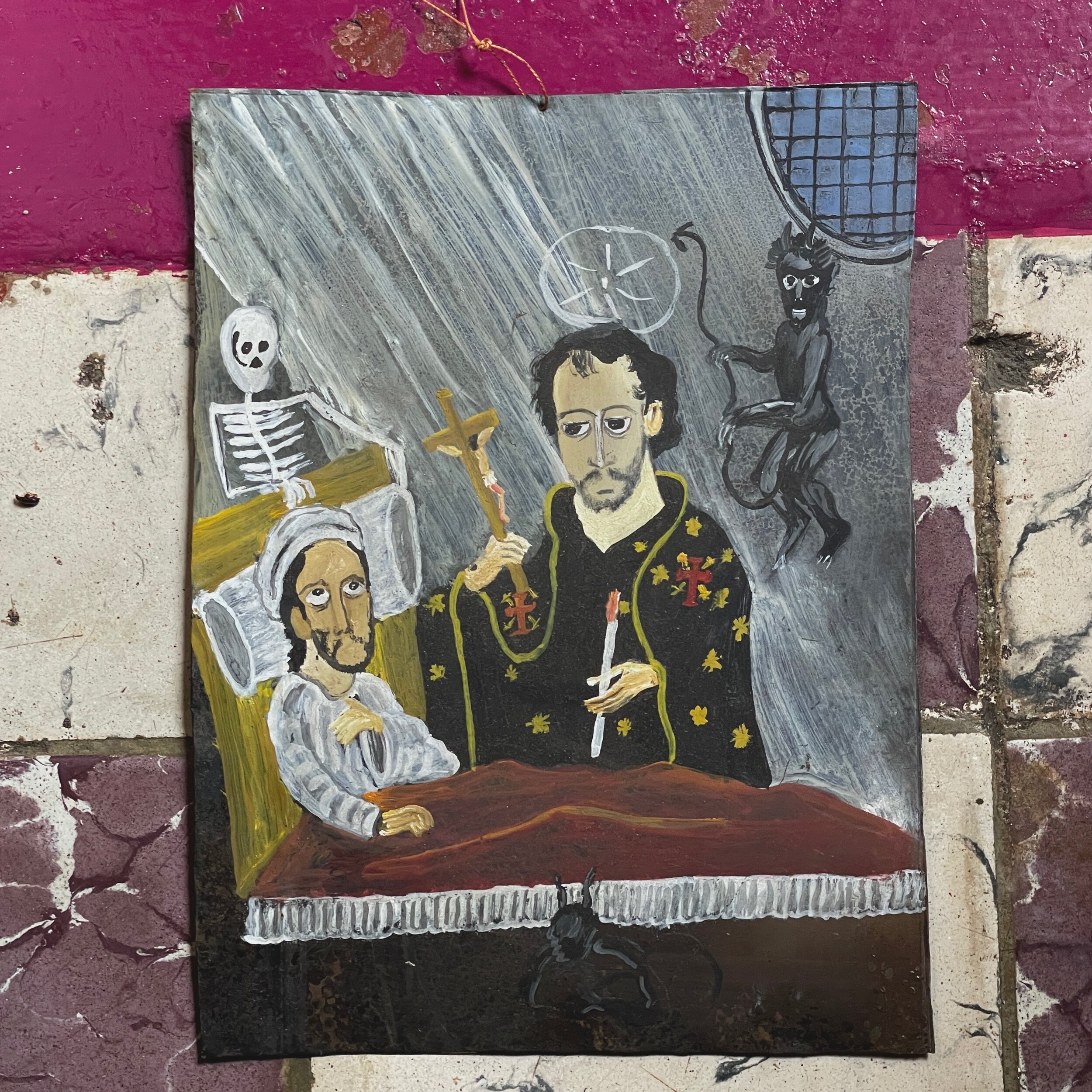 Vintage Folk Art Mexican Retablo Oil Painting of Man Receiving His Last Rites (ca. 1950, Oil on Tin)