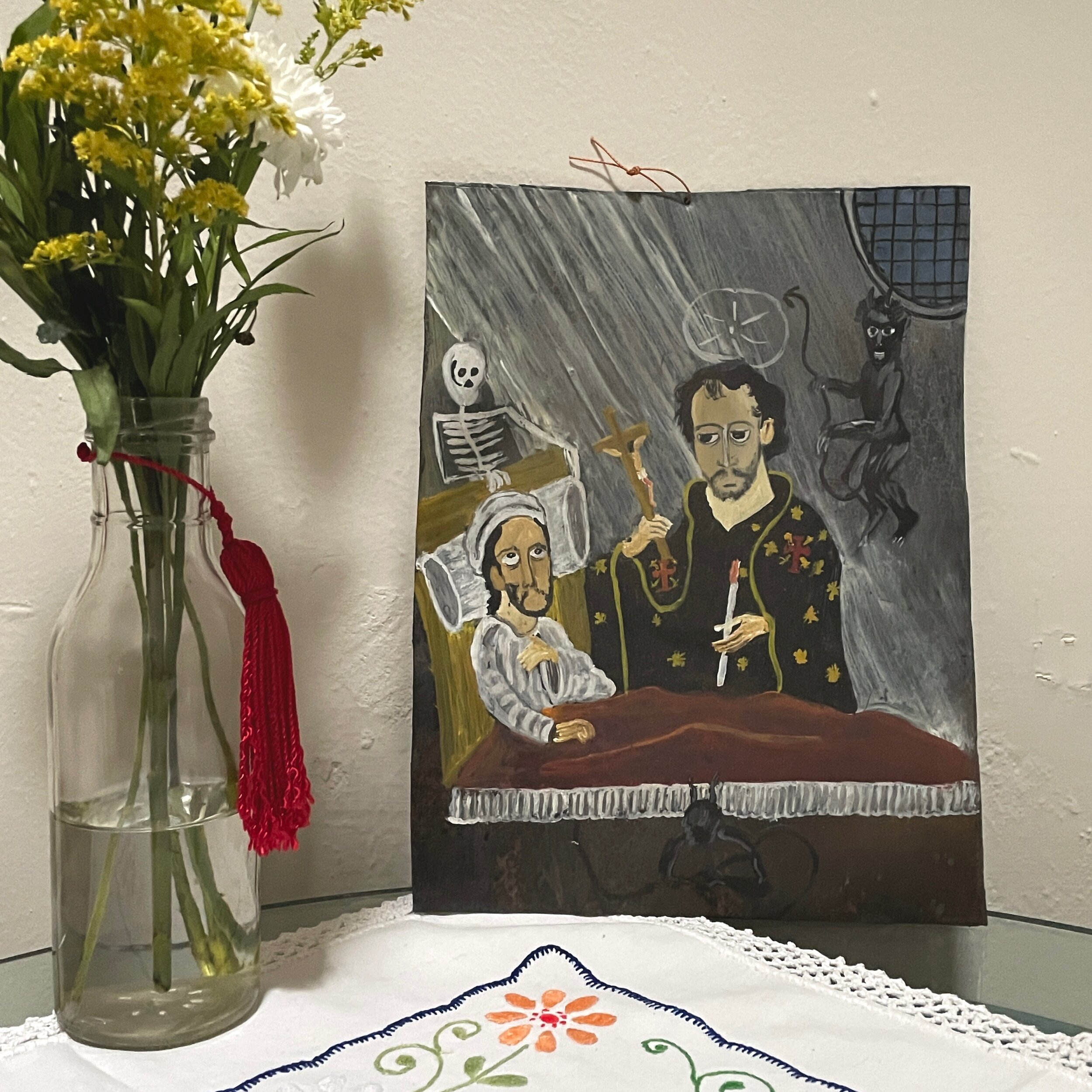 Vintage Folk Art Mexican Retablo Oil Painting of Man Receiving His Last Rites (ca. 1950, Oil on Tin)