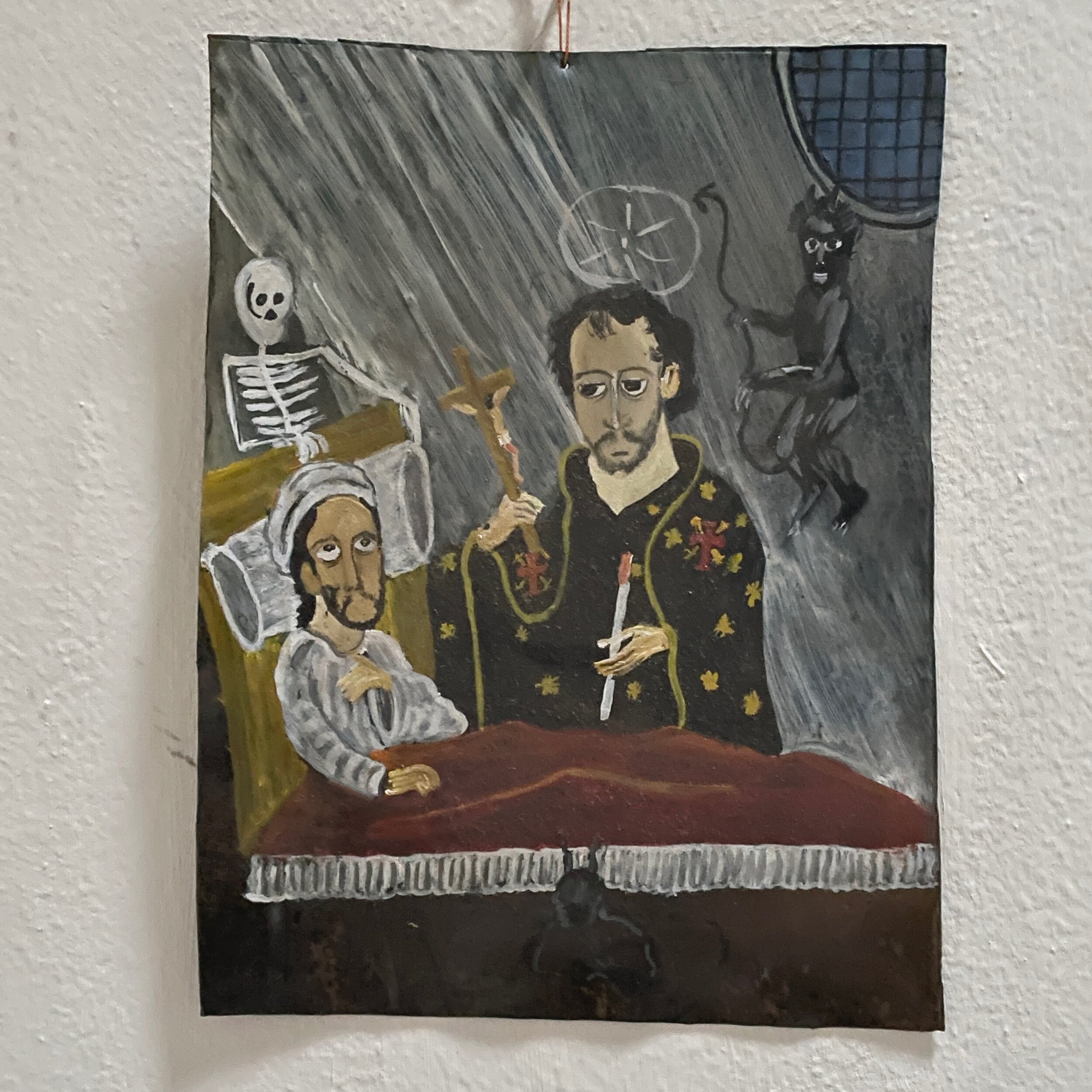 Vintage Folk Art Mexican Retablo Oil Painting of Man Receiving His Last Rites (ca. 1950, Oil on Tin)