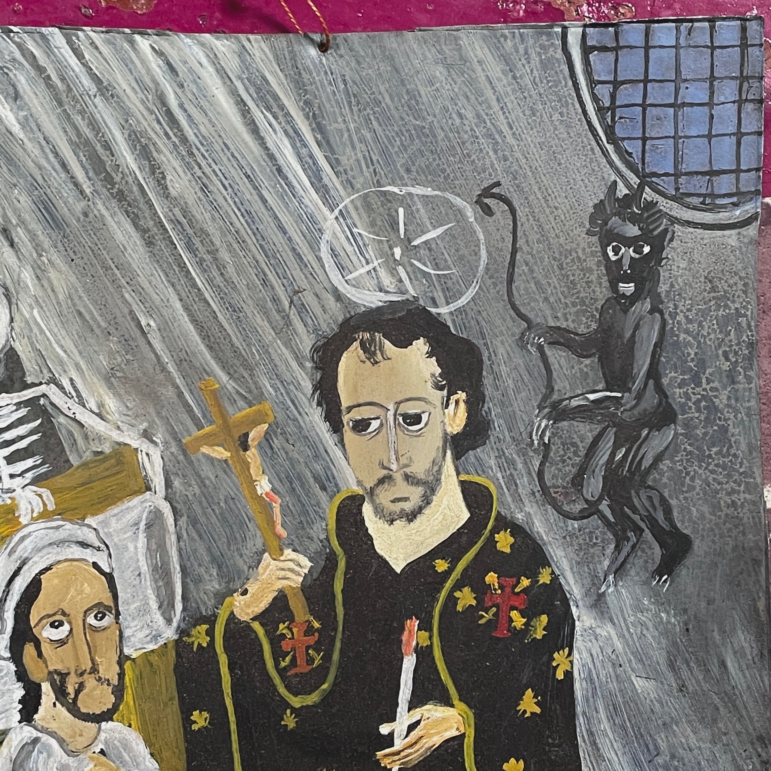 Vintage Folk Art Mexican Retablo Oil Painting of Man Receiving His Last Rites (ca. 1950, Oil on Tin)