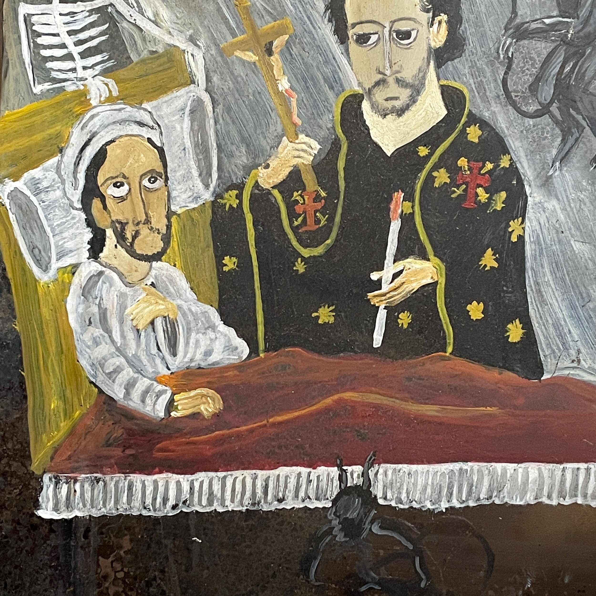 Vintage Folk Art Mexican Retablo Oil Painting of Man Receiving His Last Rites (ca. 1950, Oil on Tin)