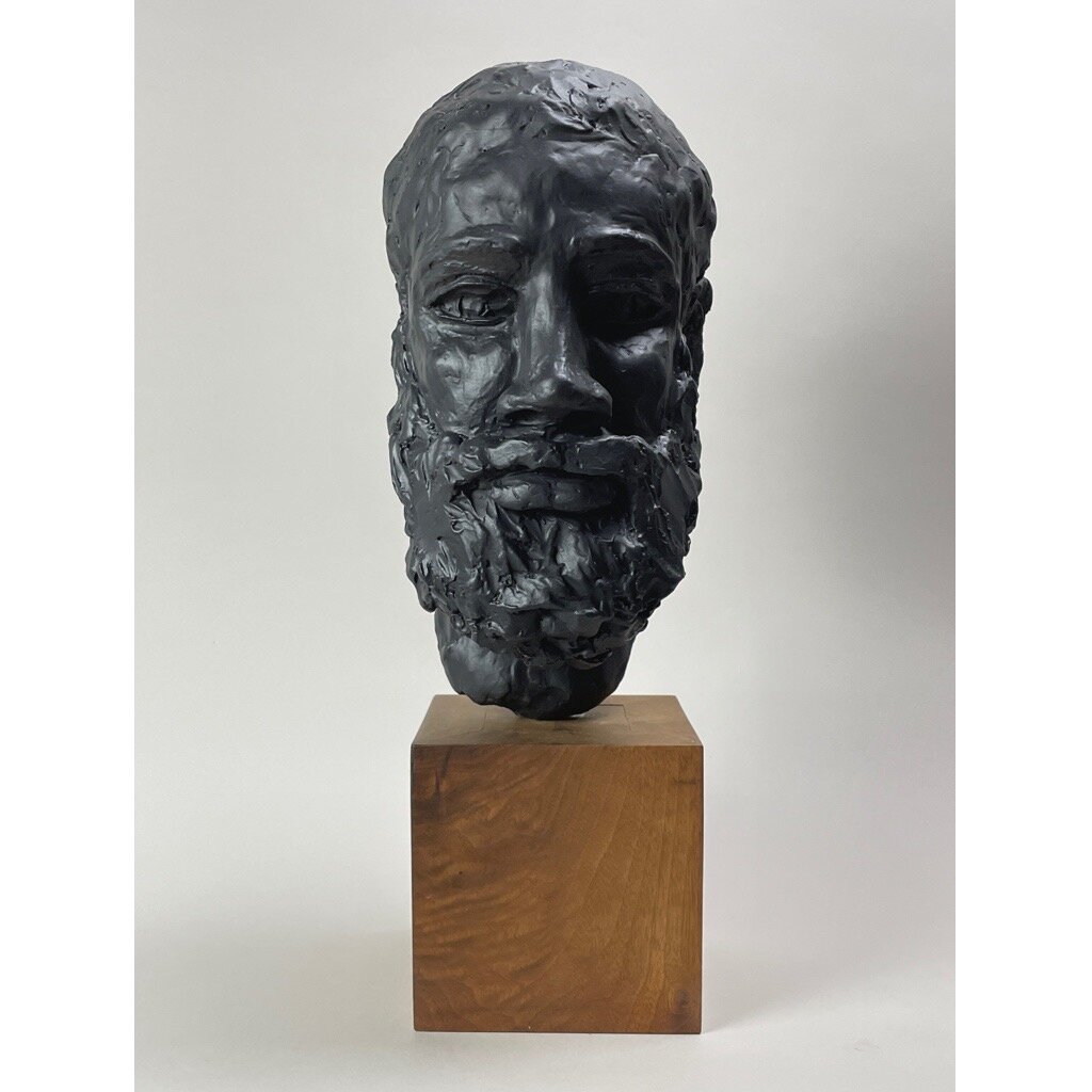Expressionist Plaster Male Portrait Sculpture on Wood Plinth, Signed