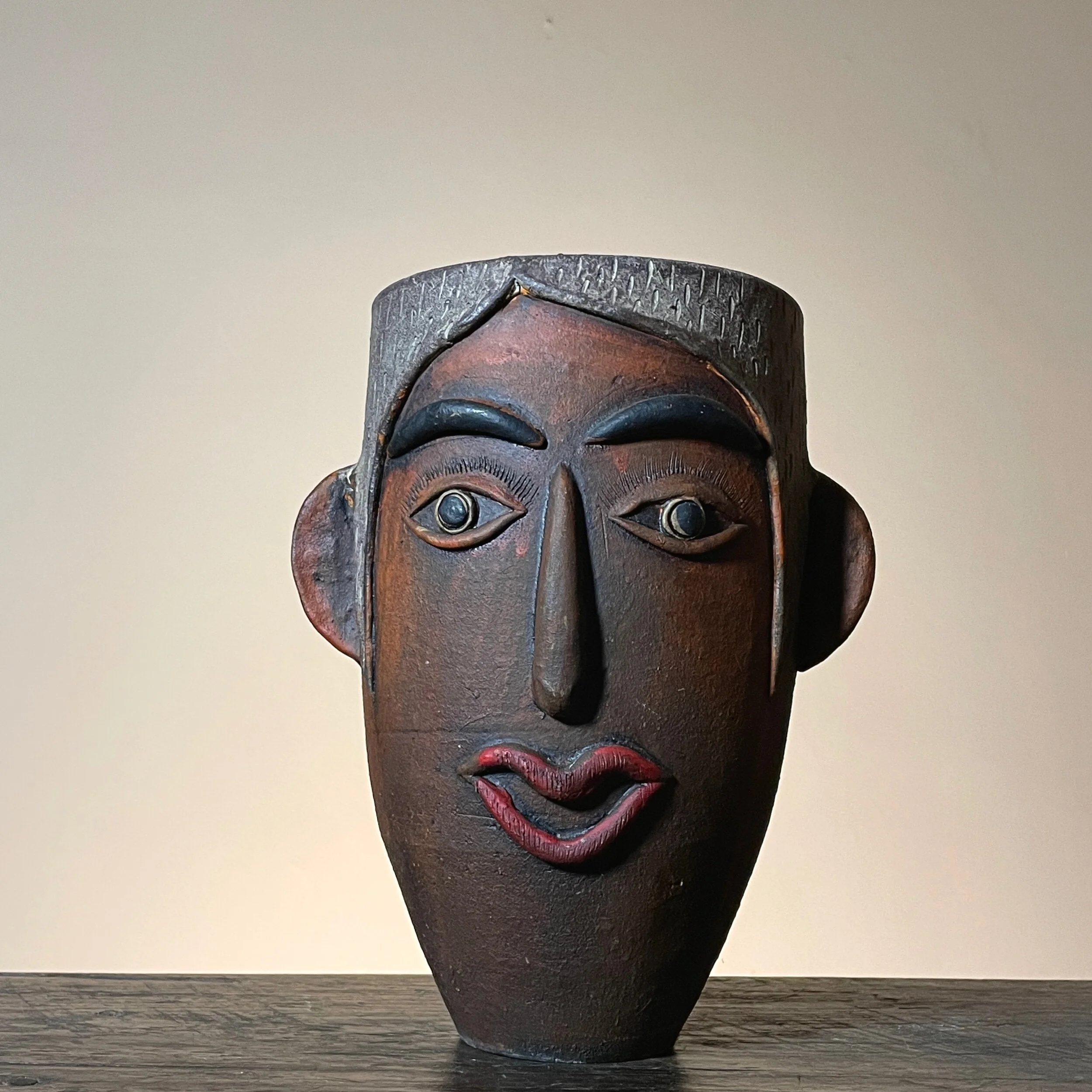 Vintage Folk Art Hand Built Face Pot