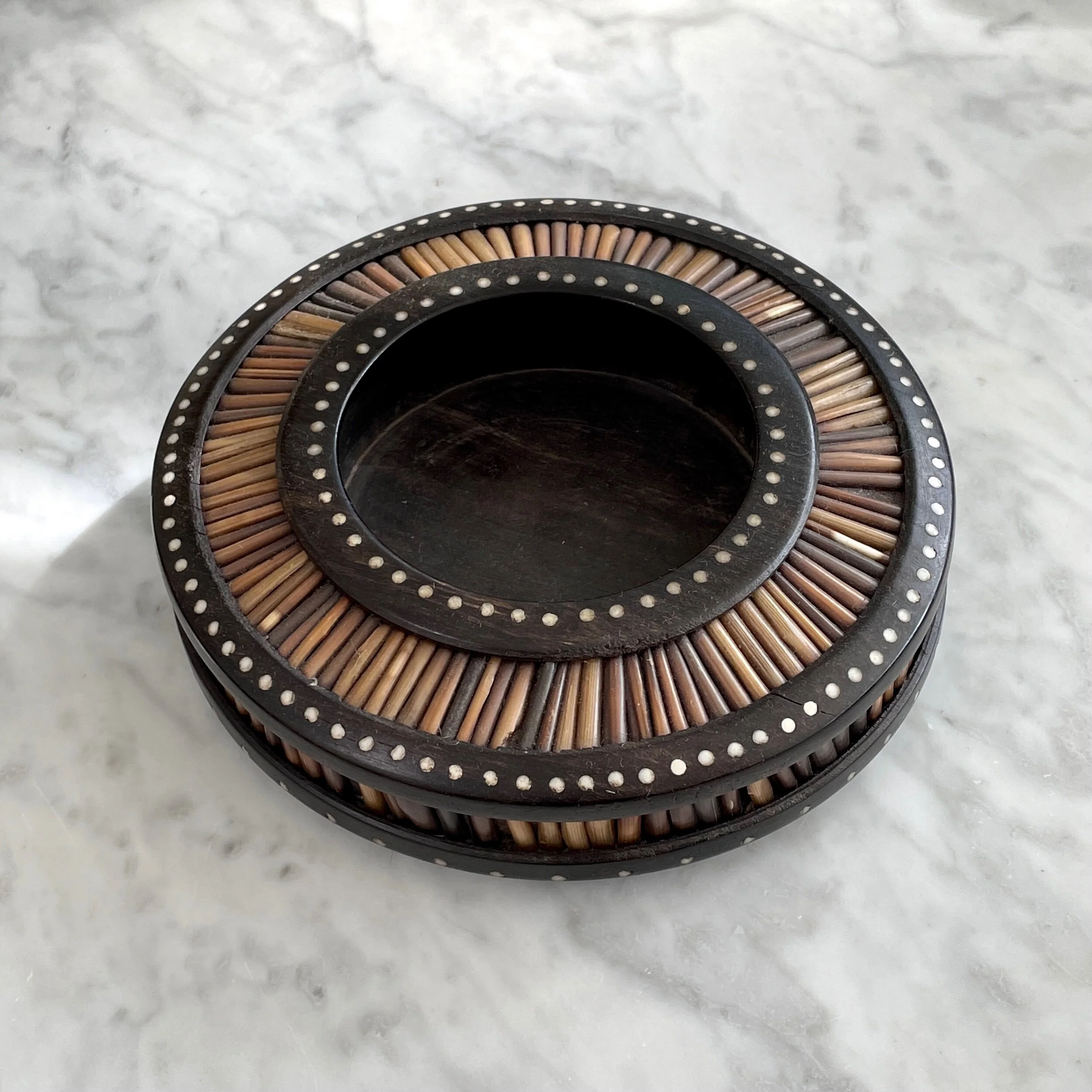 Antique 19th Century Anglo Indian Hand Carved Wood Bowl with Quills and Inlay Bone