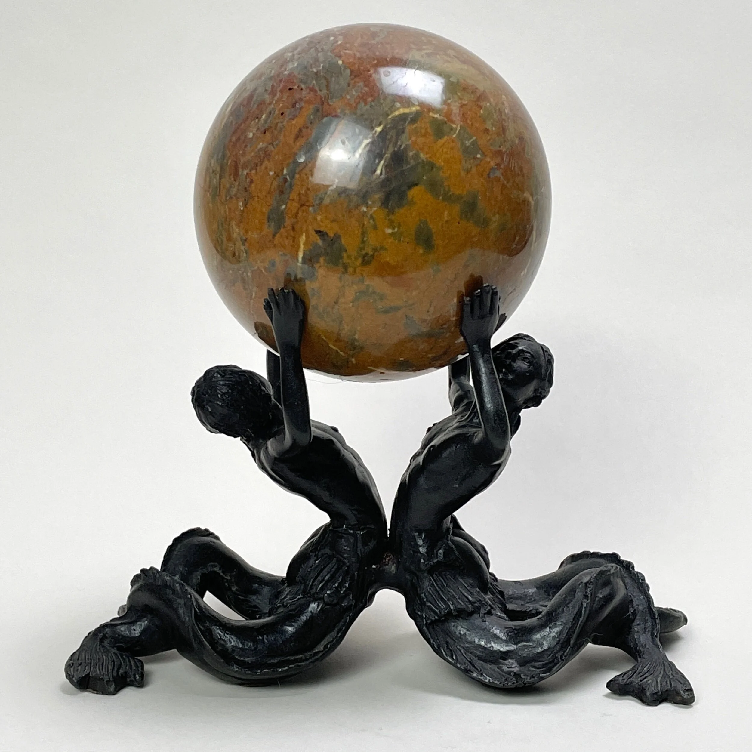 Vintage Baroque Black Metal Merman Stand with Ocean Jasper Sphere
