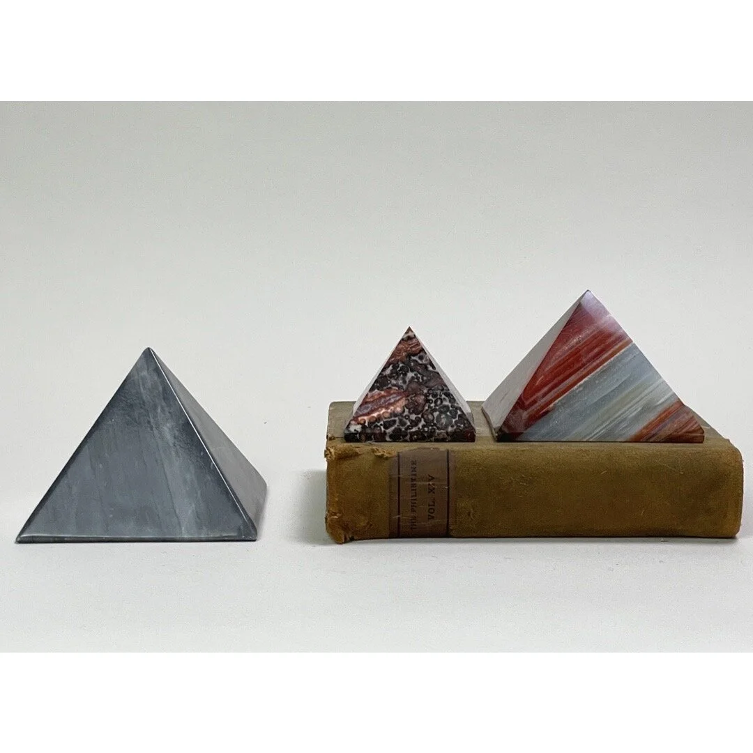 Vintage Trio of Marble and Gemstone Pyramid Paperweights/Sculptures