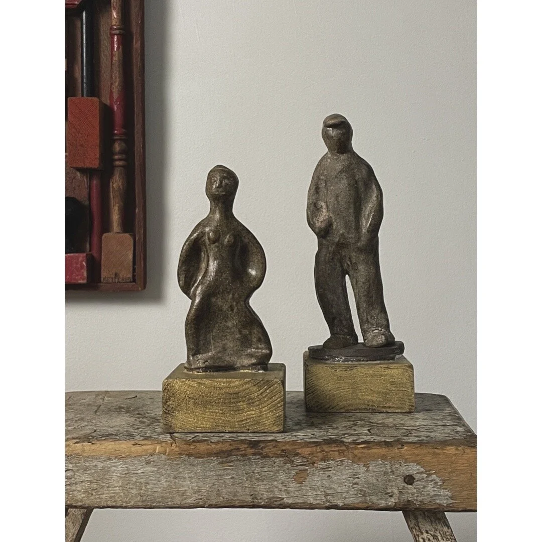 Vintage Pair of Folk Art Ceramic Figures on Painted Wood Plinths