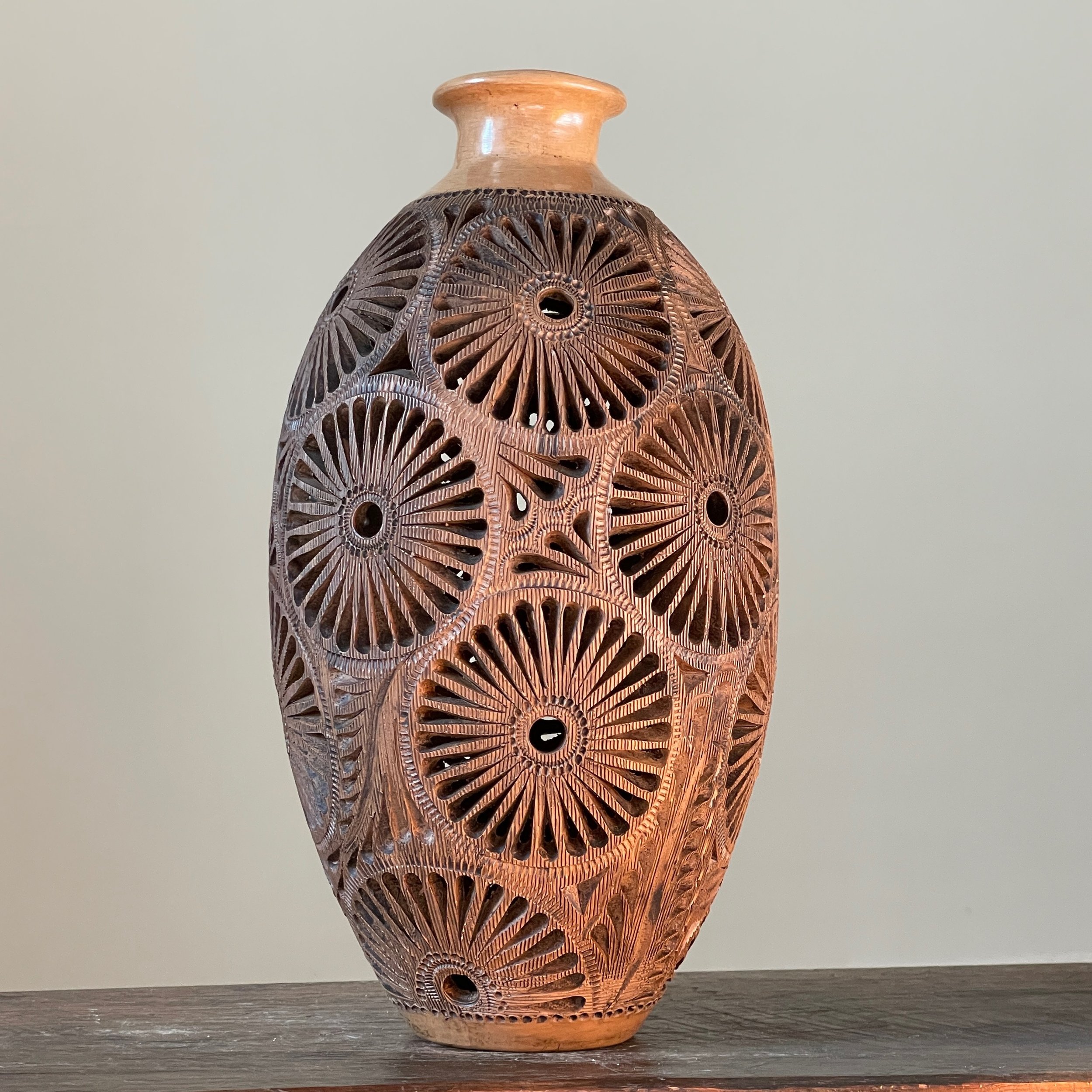 Vintage Oaxacan Hand Carved Cutwork Floral Ceramic Vase