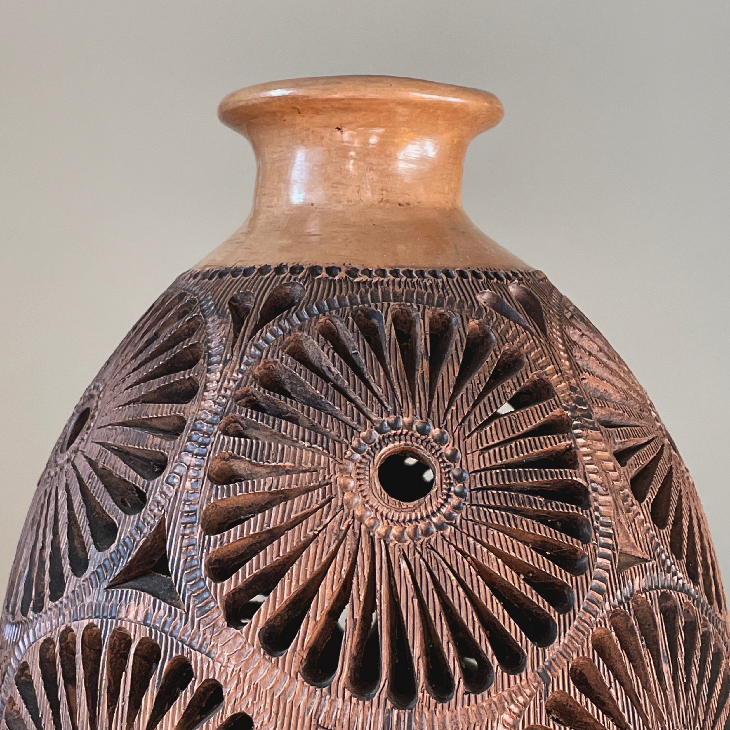 Vintage Oaxacan Hand Carved Cutwork Floral Ceramic Vase
