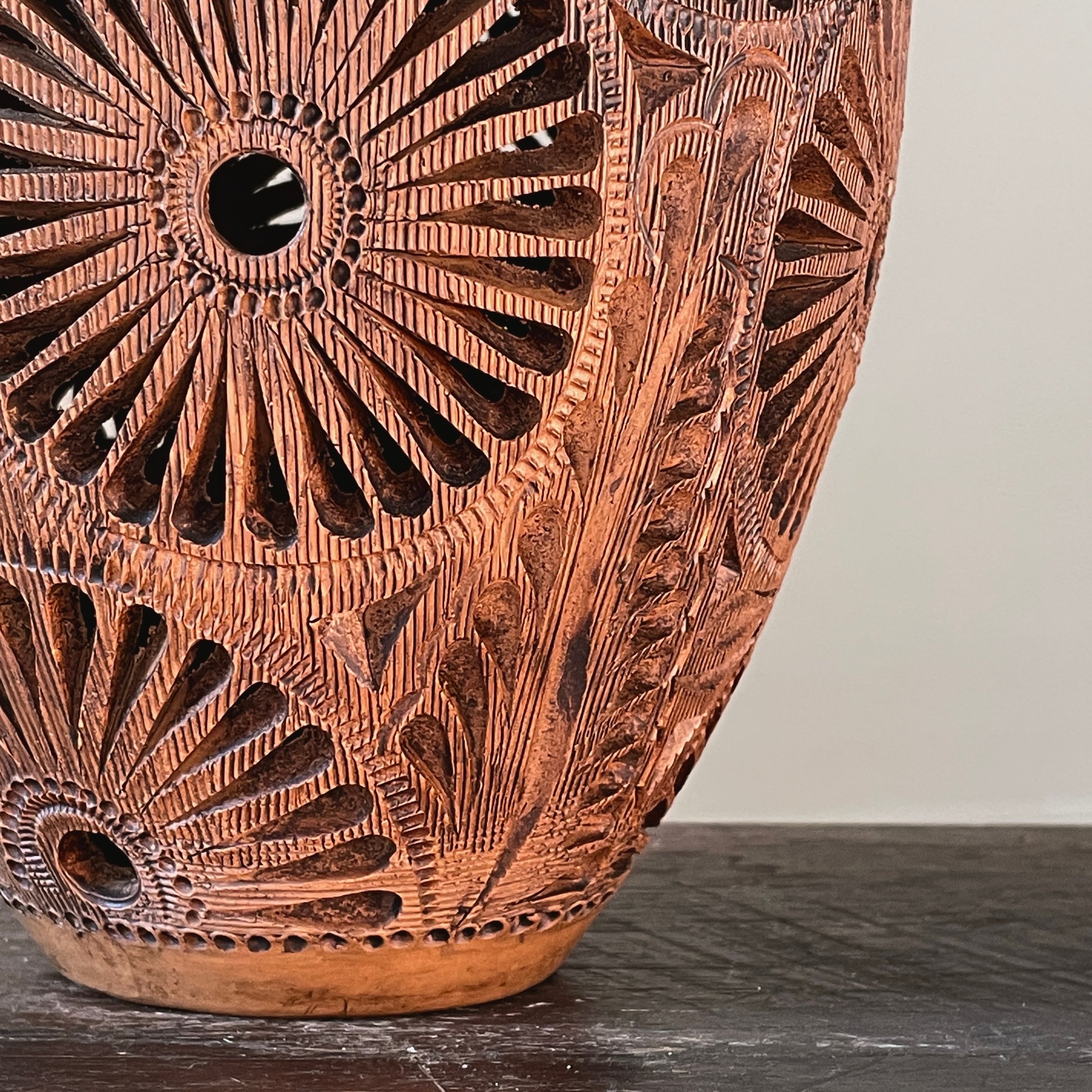 Vintage Oaxacan Hand Carved Cutwork Floral Ceramic Vase