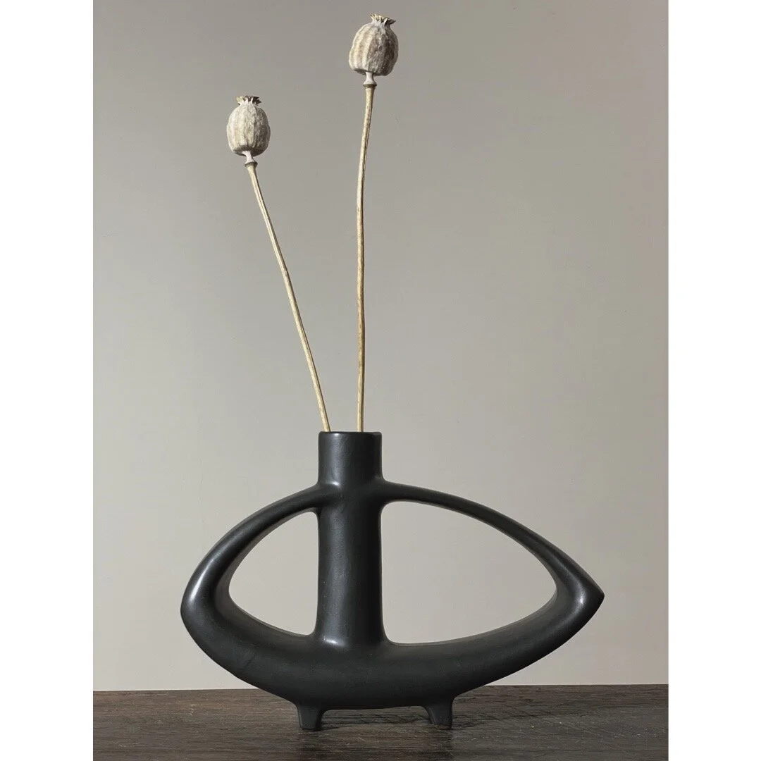 Vintage Modernist Japanese Ikebana Black Ceramic Vase