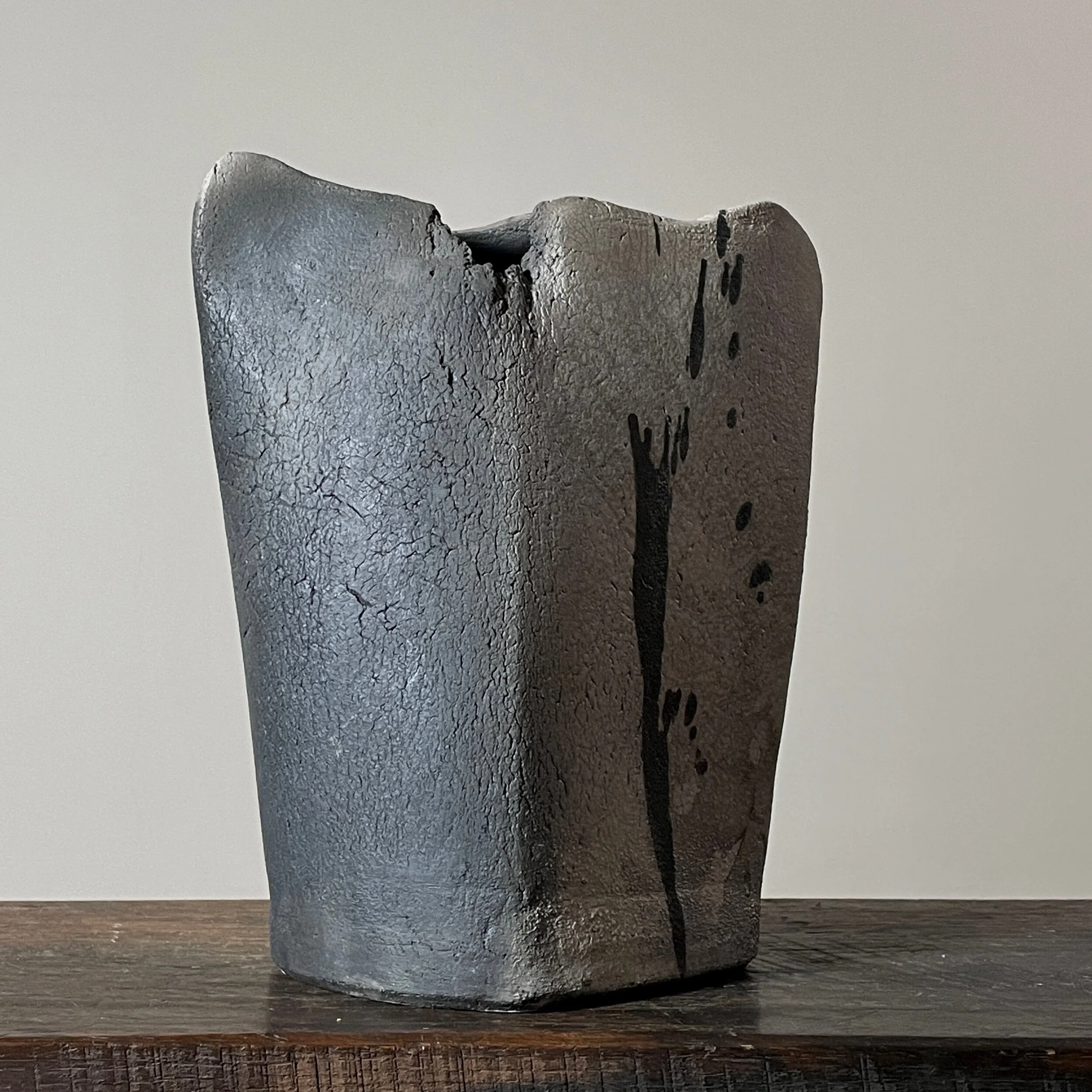 Postmodernist Black Stoneware Slab Vase by Geraldine Shapiro, Signed