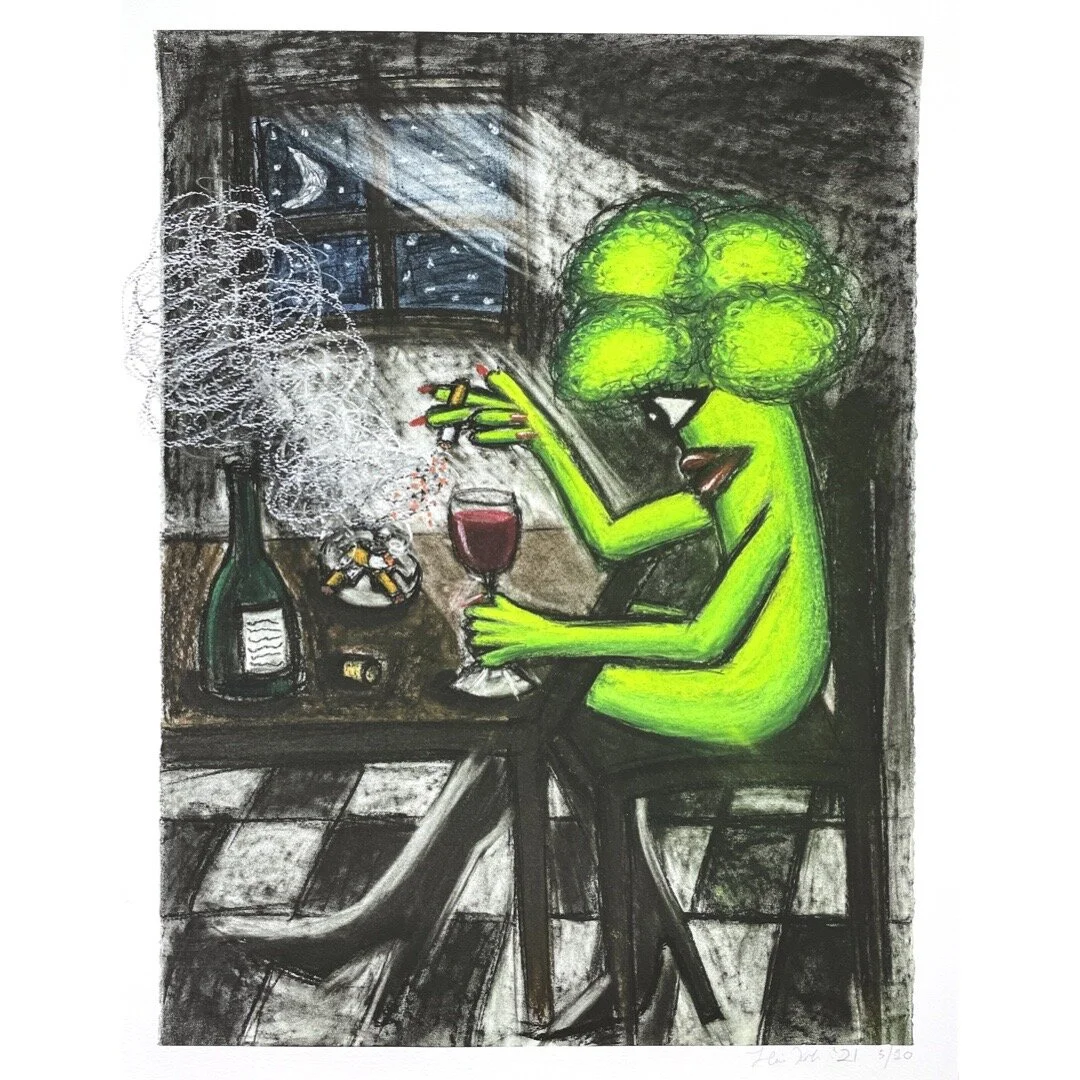 Hein Koh Drinking and Smoking Alone, Signed