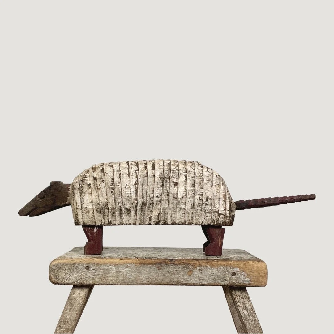 Vintage Folk Art Hand Carved Polychrome Armadillo