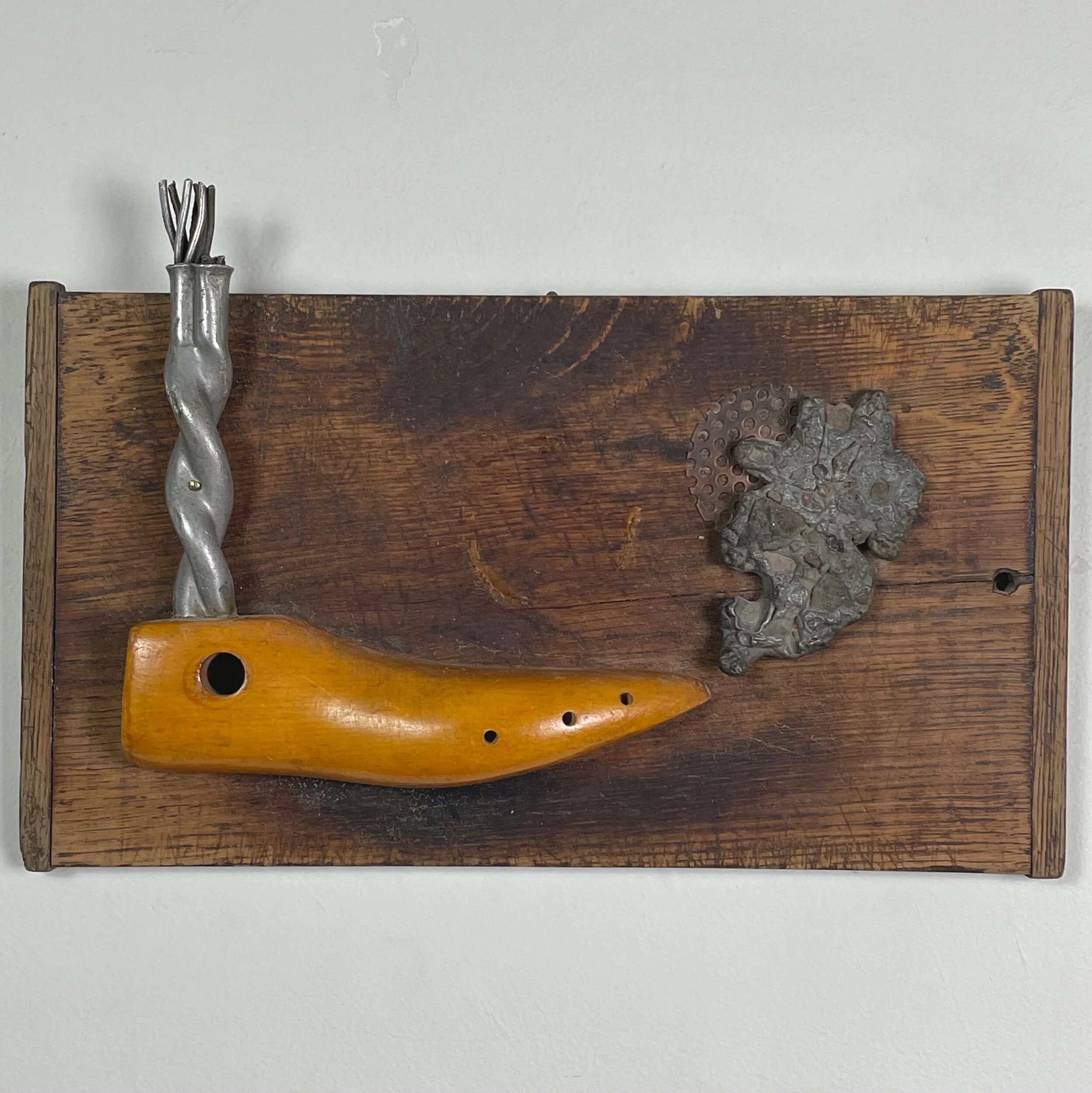 Vintage Outsider Assemblage with Wooden Shoe Form and Metal, Signed