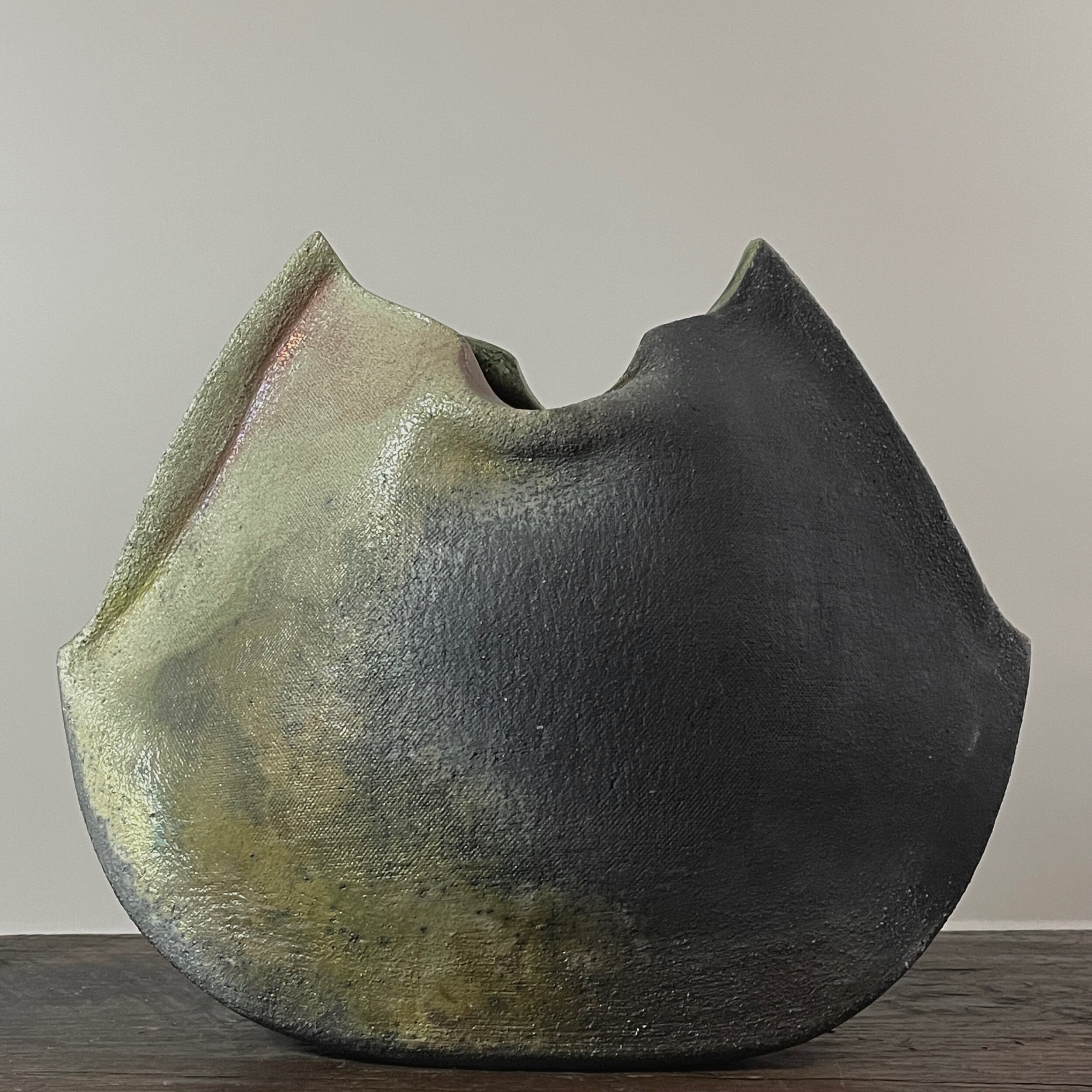 Vintage Postmodern Raku Slab Stoneware Vessel by Geraldine Shapiro, Signed (ca. 1970)