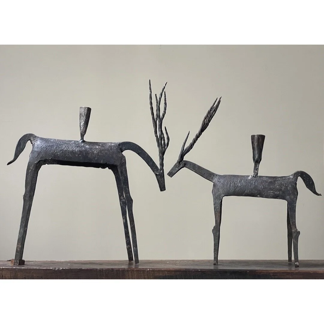 Vintage Brutalist Forged Iron Deer Candle Holders (Pair)