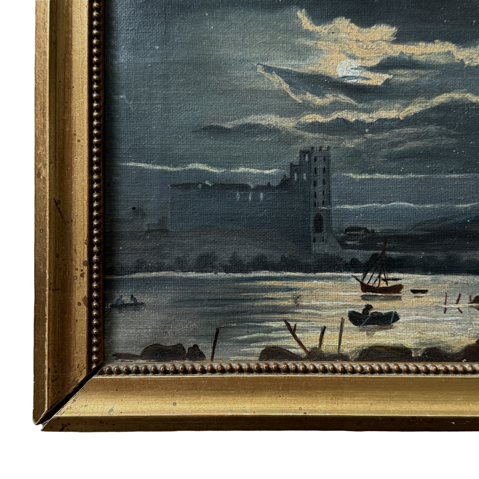 Detail of small paint chips on canvas, antique painting