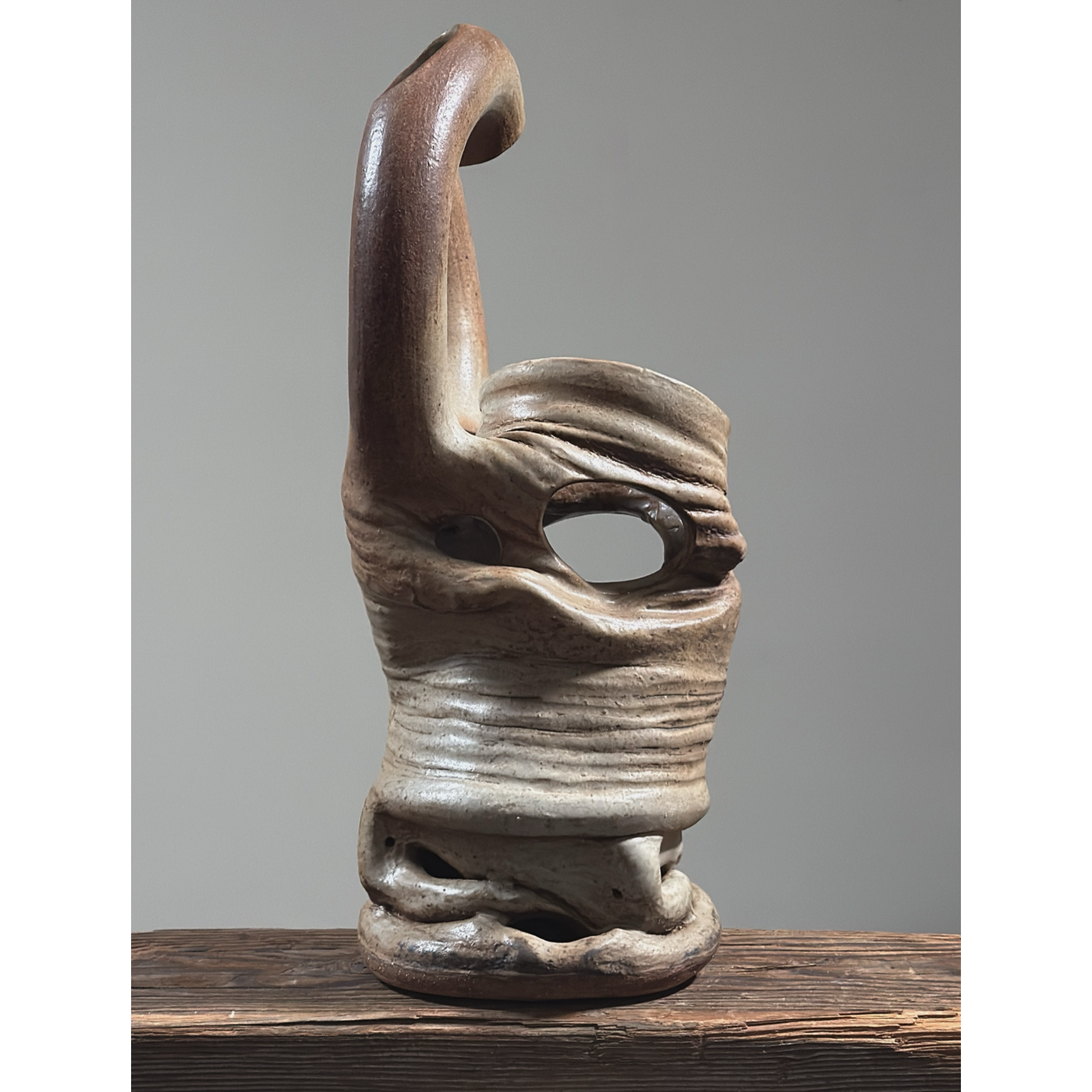 Vintage deconstructed George Ohr style wood fired ikebana vase, signed