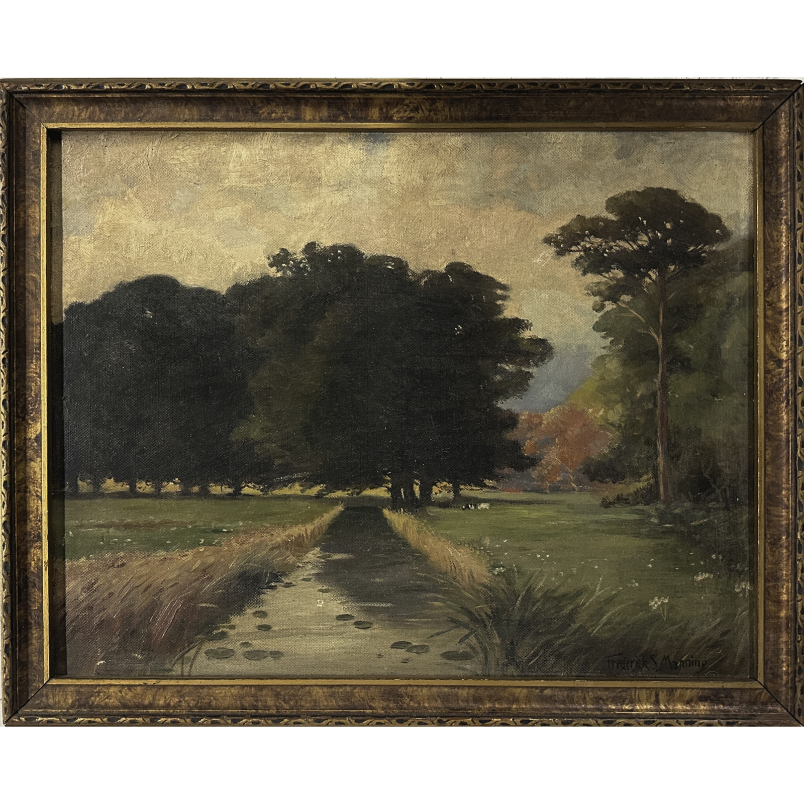Antique Continental Landscape with Stream and Trees by Frederick Manning, Signed (Oil on Board)