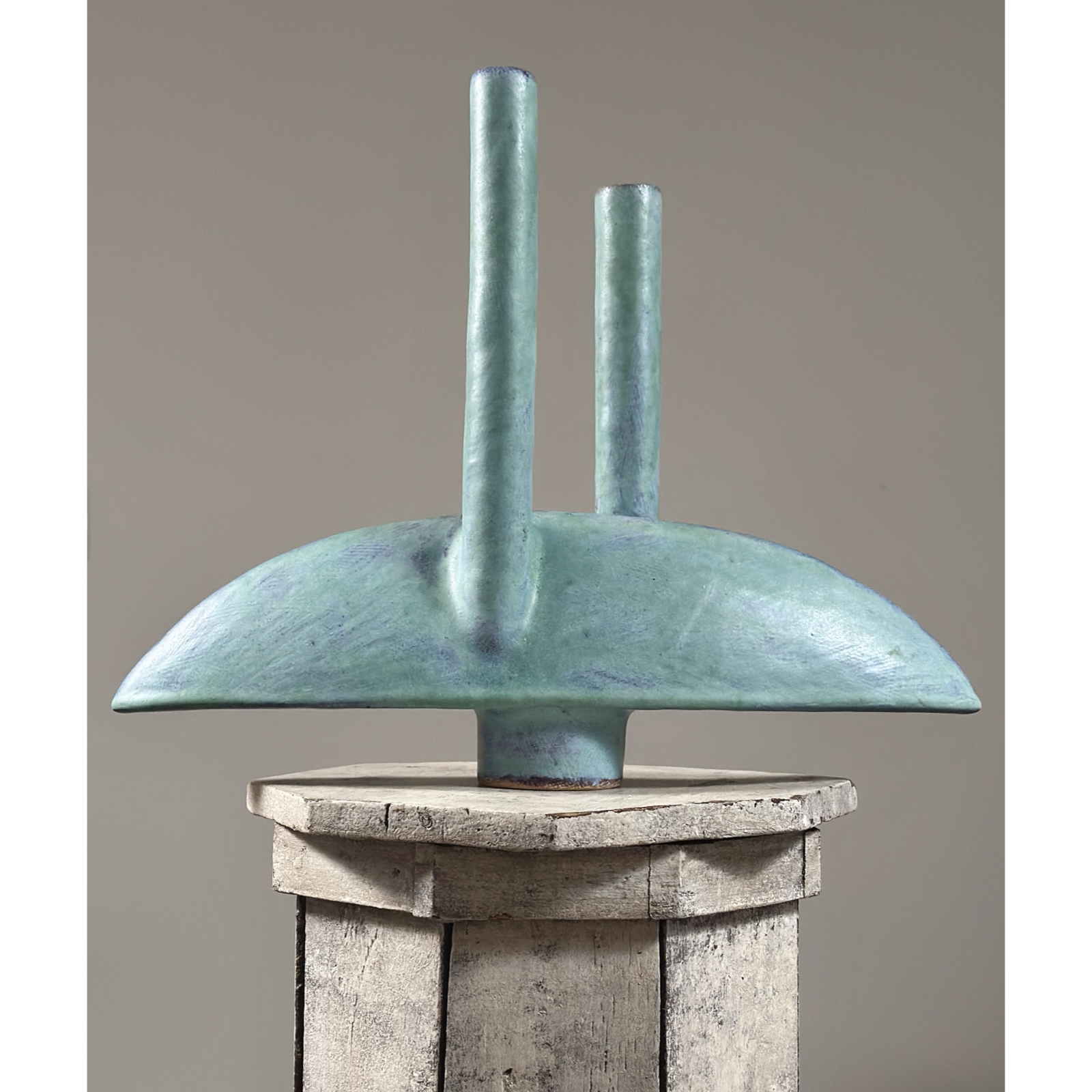 Japanese modernist turquoise double-stem ikebana vessel, signed, mid-century