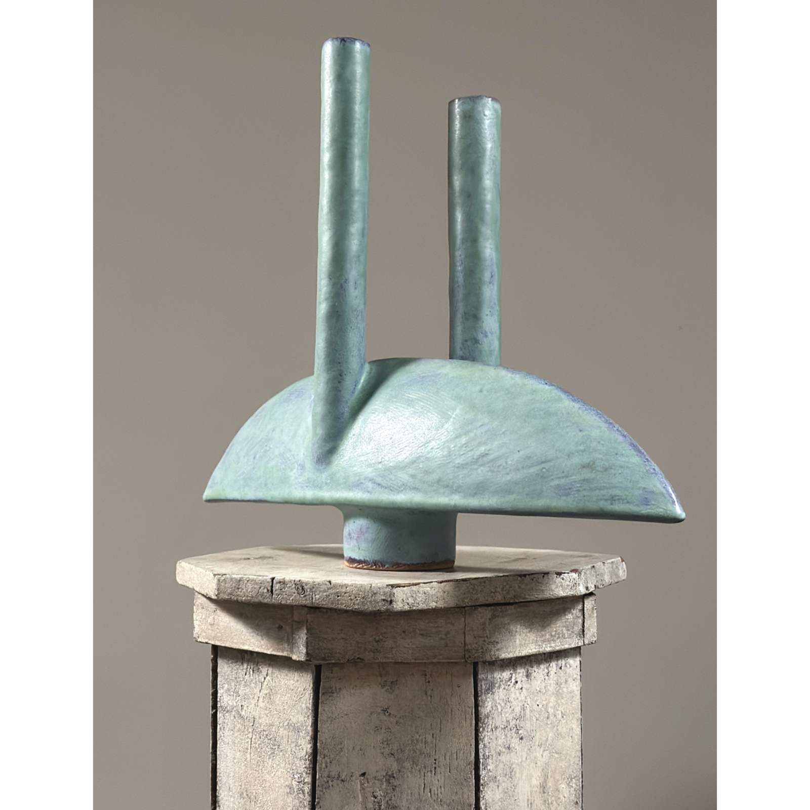 Japanese modernist turquoise double-stem ikebana vessel, signed, mid-century