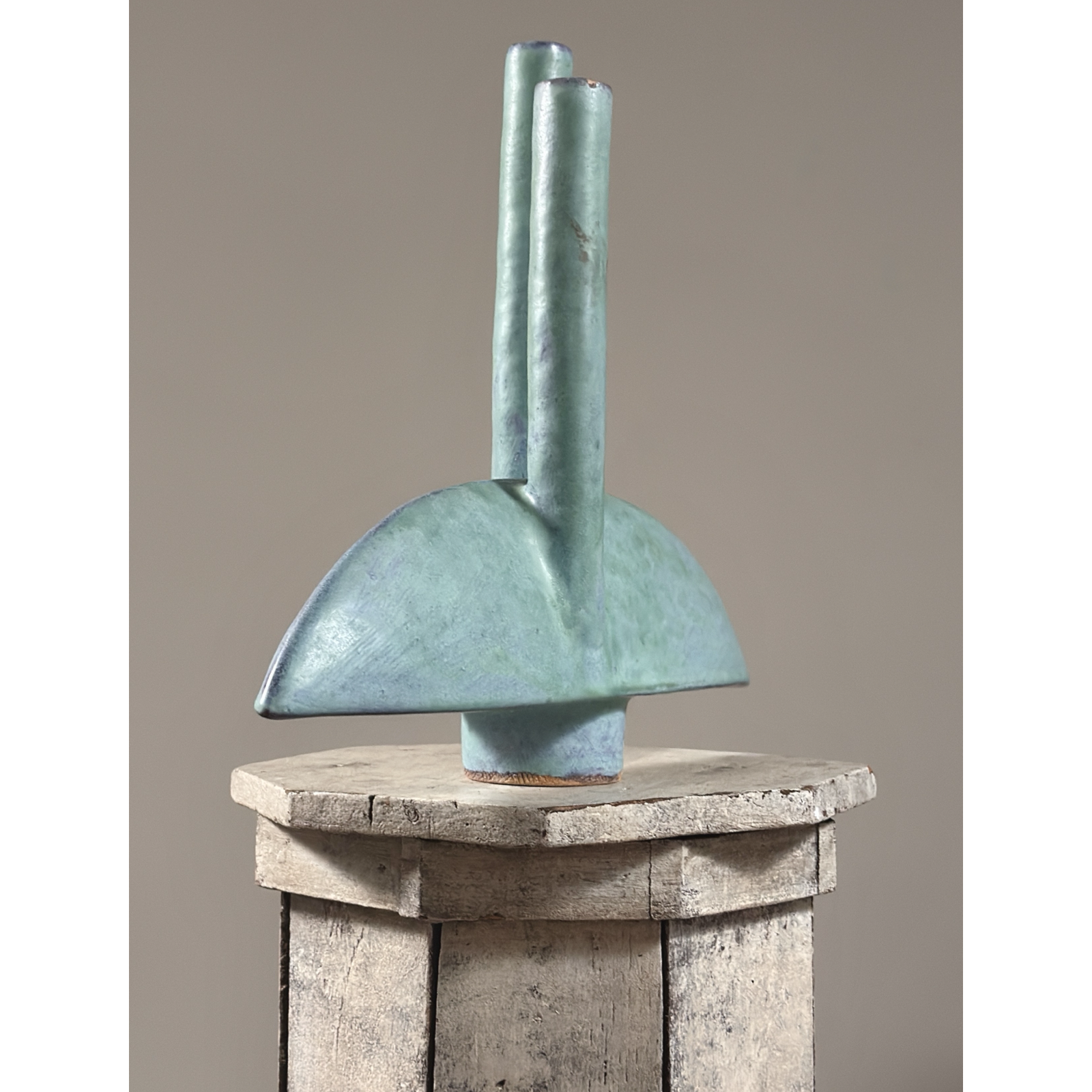 Japanese modernist turquoise double-stem ikebana vessel, signed, mid-century