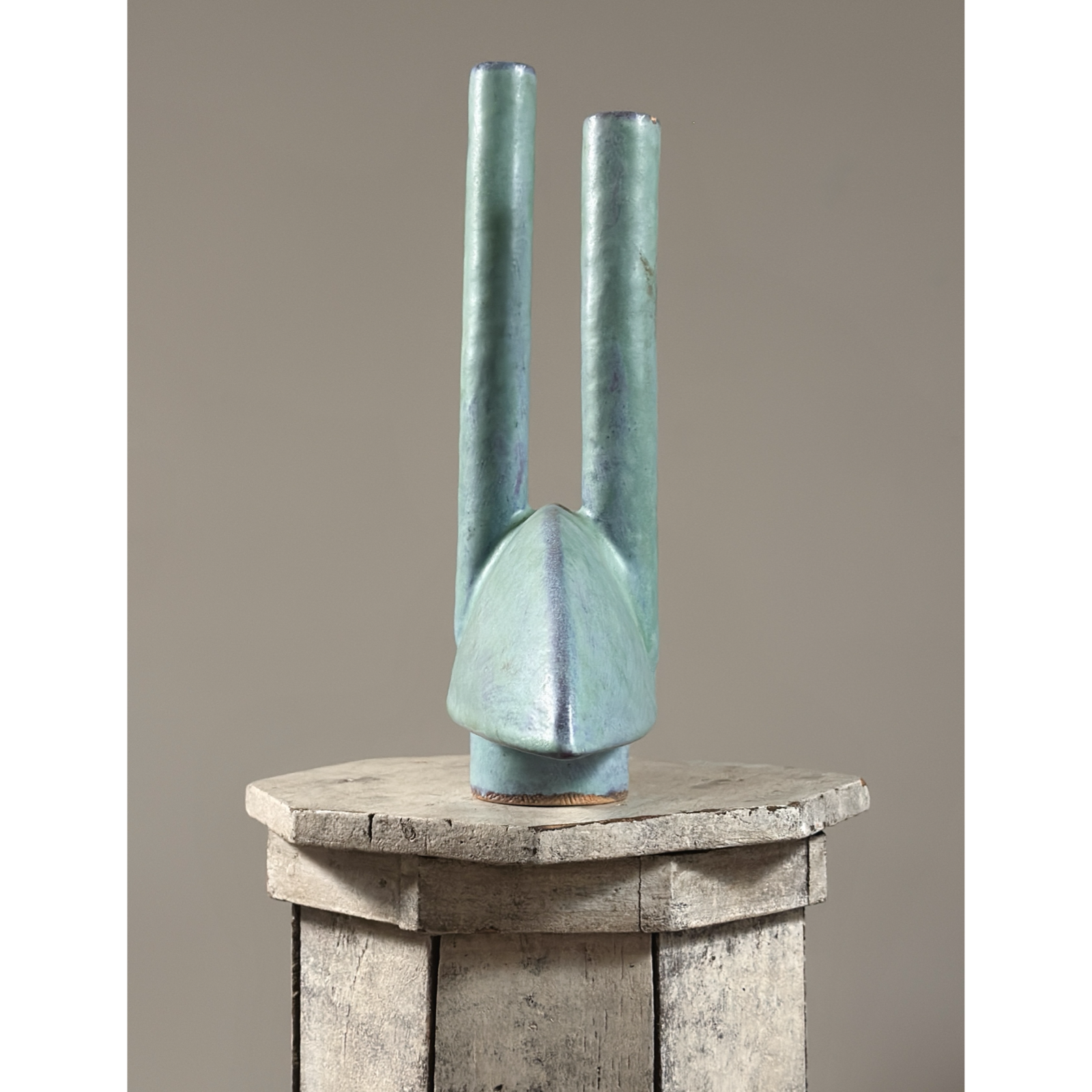 Japanese modernist turquoise double-stem ikebana vessel, signed, mid-century