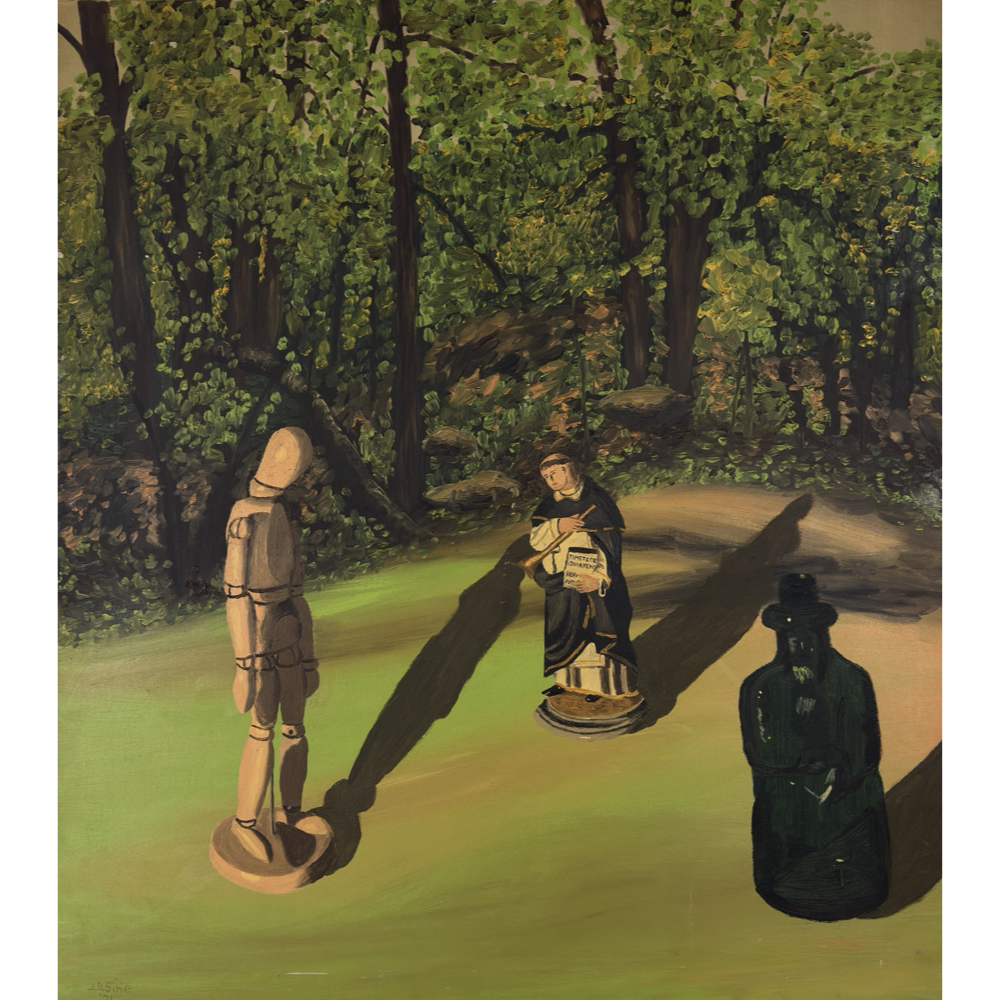 J.D. Sine surrealist painting "Tragic Dialogue," wooden mannequin and Santos sculpture, 1971