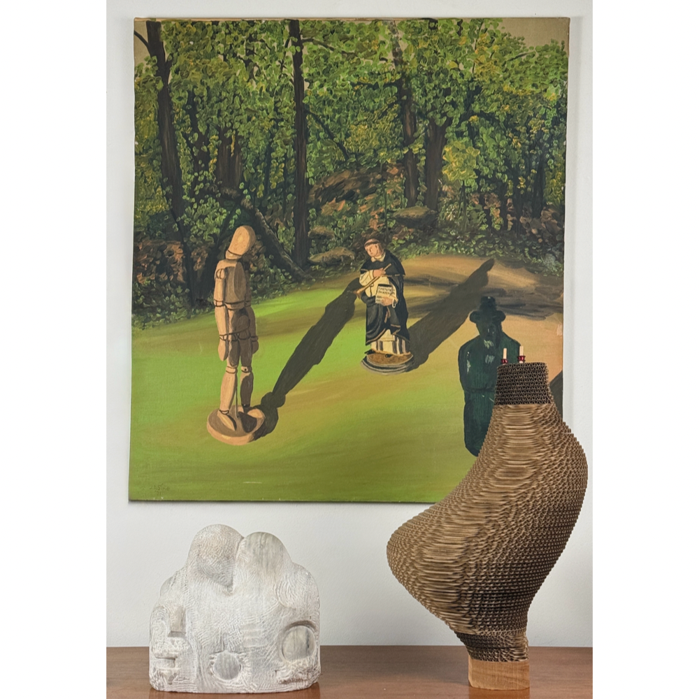 J.D. Sine surrealist painting "Tragic Dialogue," wooden mannequin and Santos sculpture, 1971