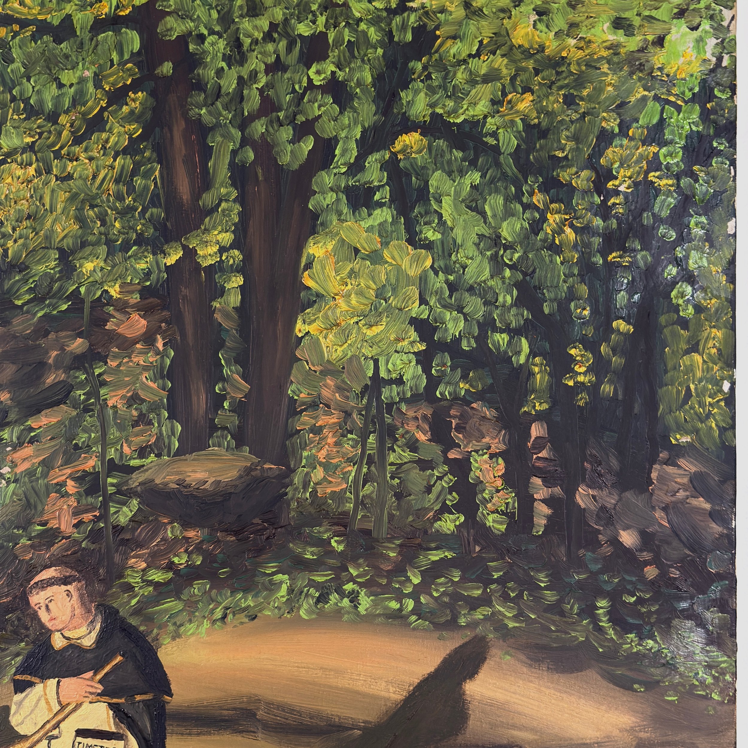 Forest background, surrealist landscape, oil painting, 1971
