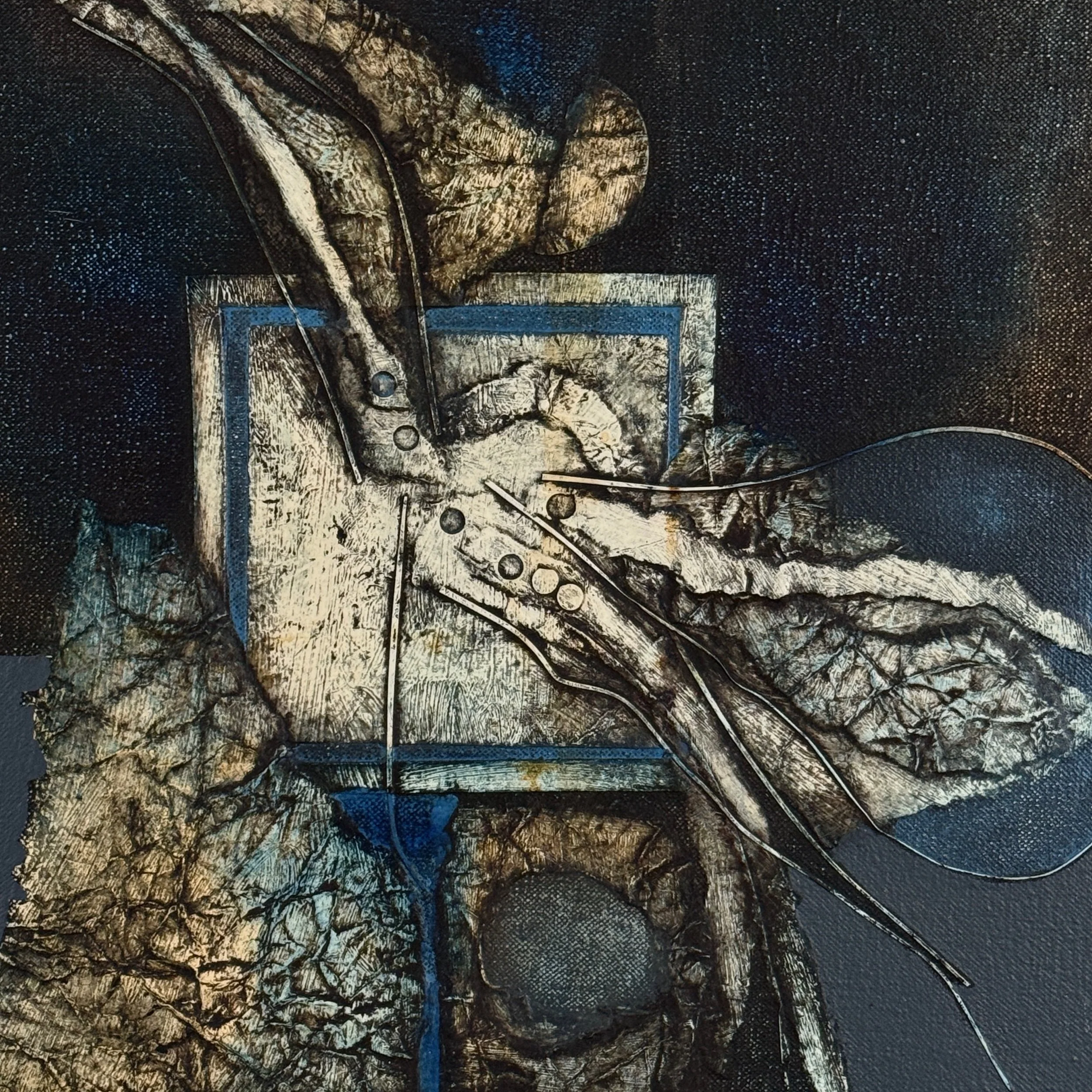 Rowland Fade abstract Brutalist mixed media composition in blue, signed