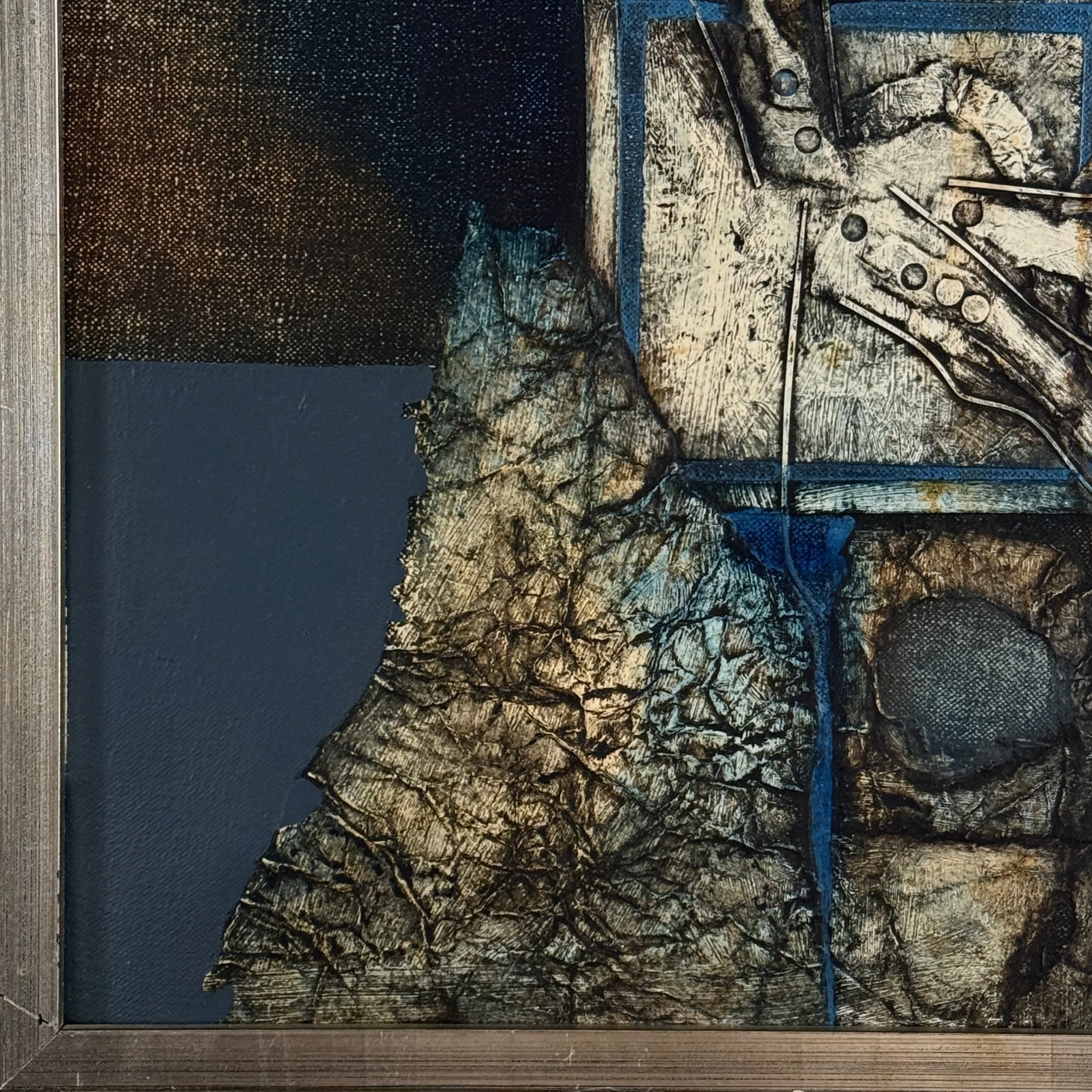 Rowland Fade abstract Brutalist mixed media composition in blue, signed