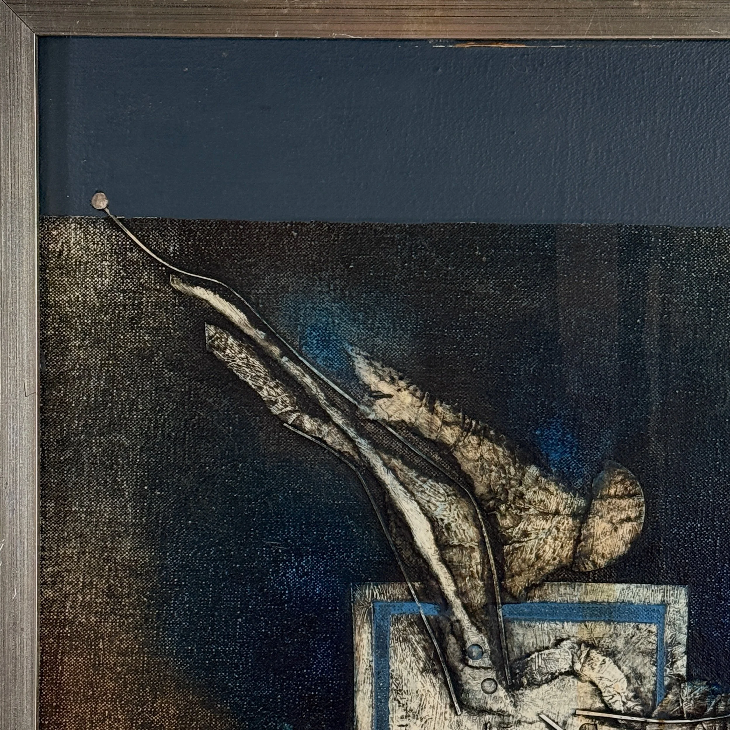 Rowland Fade abstract Brutalist mixed media composition in blue, signed
